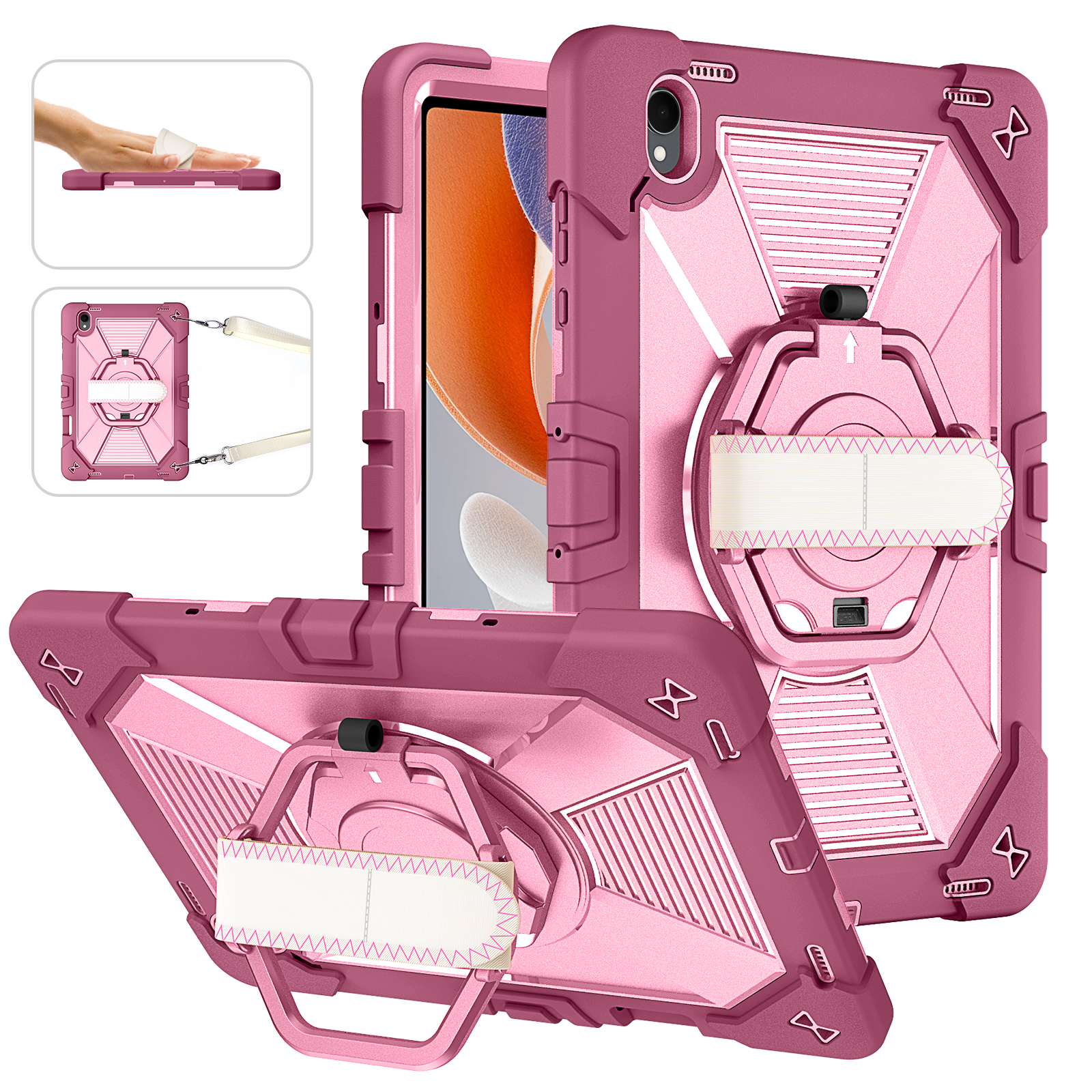 TOZIZO For Tab S12 Plus Rose Red Heavy Duty Protective Case with 360° Swivel Stand, Hand Grip and Shoulder Strap