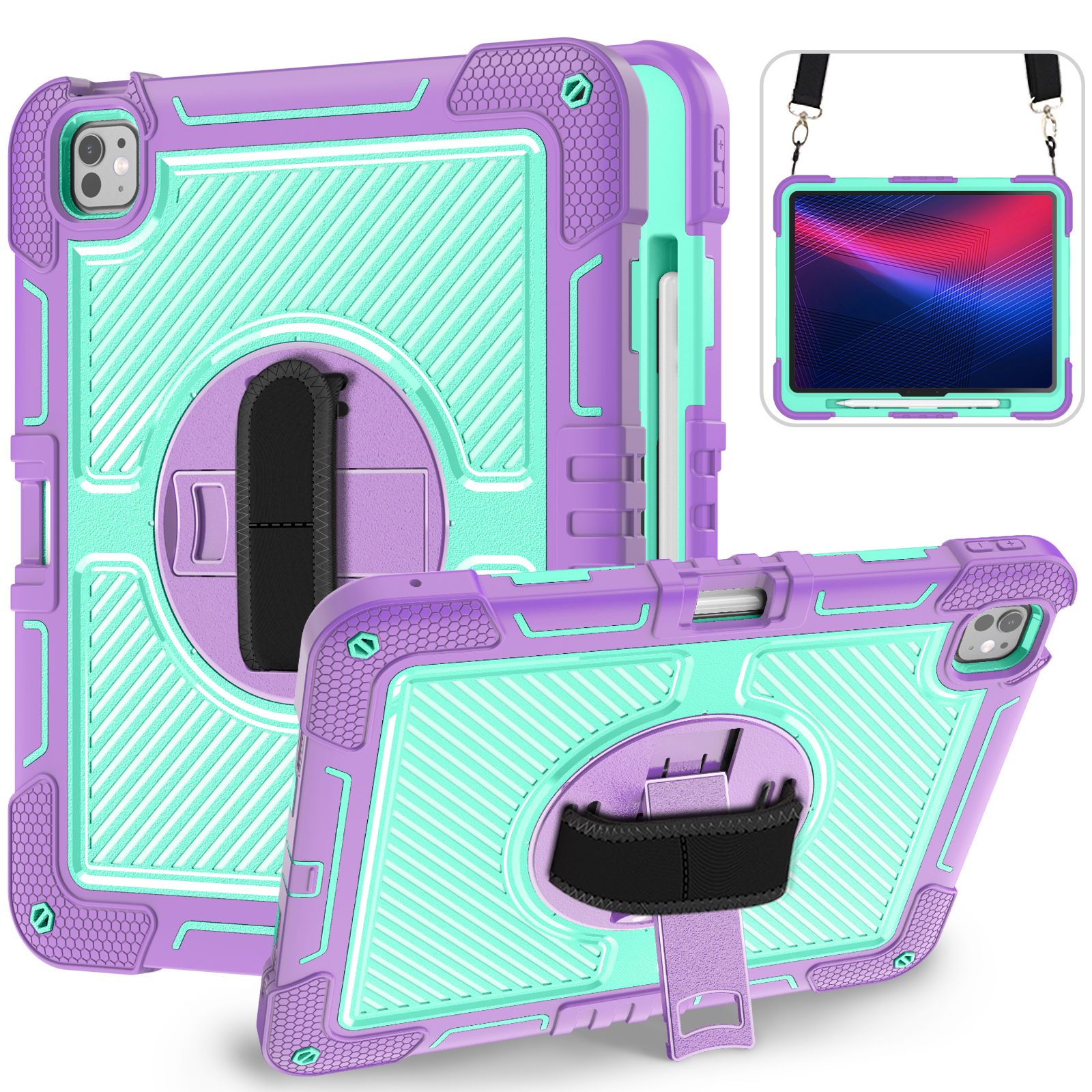 TOZIZO Purple Mint Hybrid Defender for iPad Pro 13 | 360° Rotating Kickstand Hand Strap Shoulder Strap Case