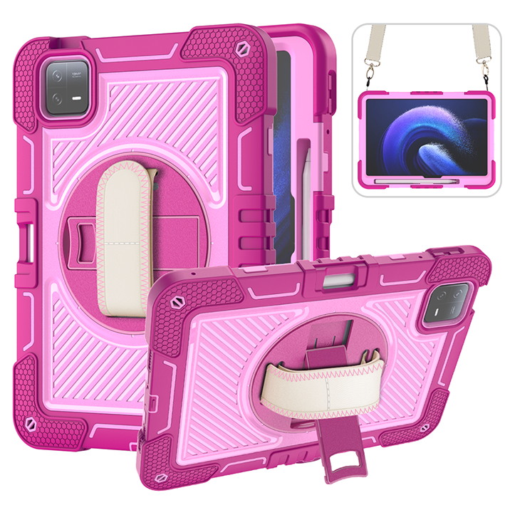 TOZIZO for Xiaomi Pad 6 / 6 Pro Rose Red Multifunction Rugged Cover with 360° Rotatable Stand, Hand Strap & Wide Shoulder Belt | Reseller Supply