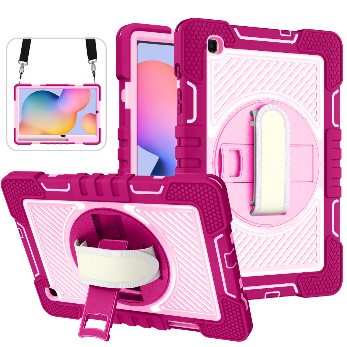 TOZIZO Rose Red Samsung Galaxy Tab S6 Lite 10.4 Rugged Case – 360° Rotating Stand, Hand Strap & Shoulder Strap for Wholesale Resale