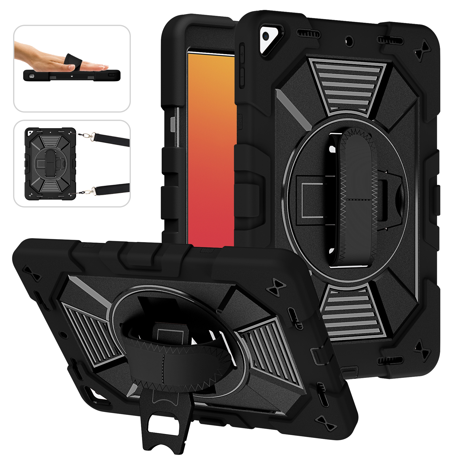 TOZIZO for iPad 10.2 Black Industrial Rugged Case with 360° Rotating Stand, Adjustable Hand Strap & Wide Shoulder Strap | Enterprise Wholesale