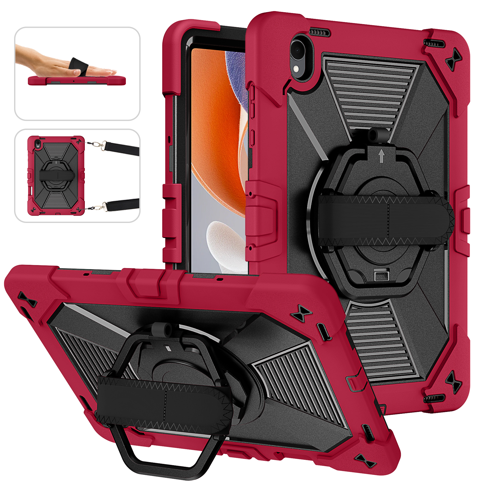 TOZIZO For Tab S12 Plus Wine Red Commercial Rugged Case with 360° Rotating Grip Stand and Shoulder Carry