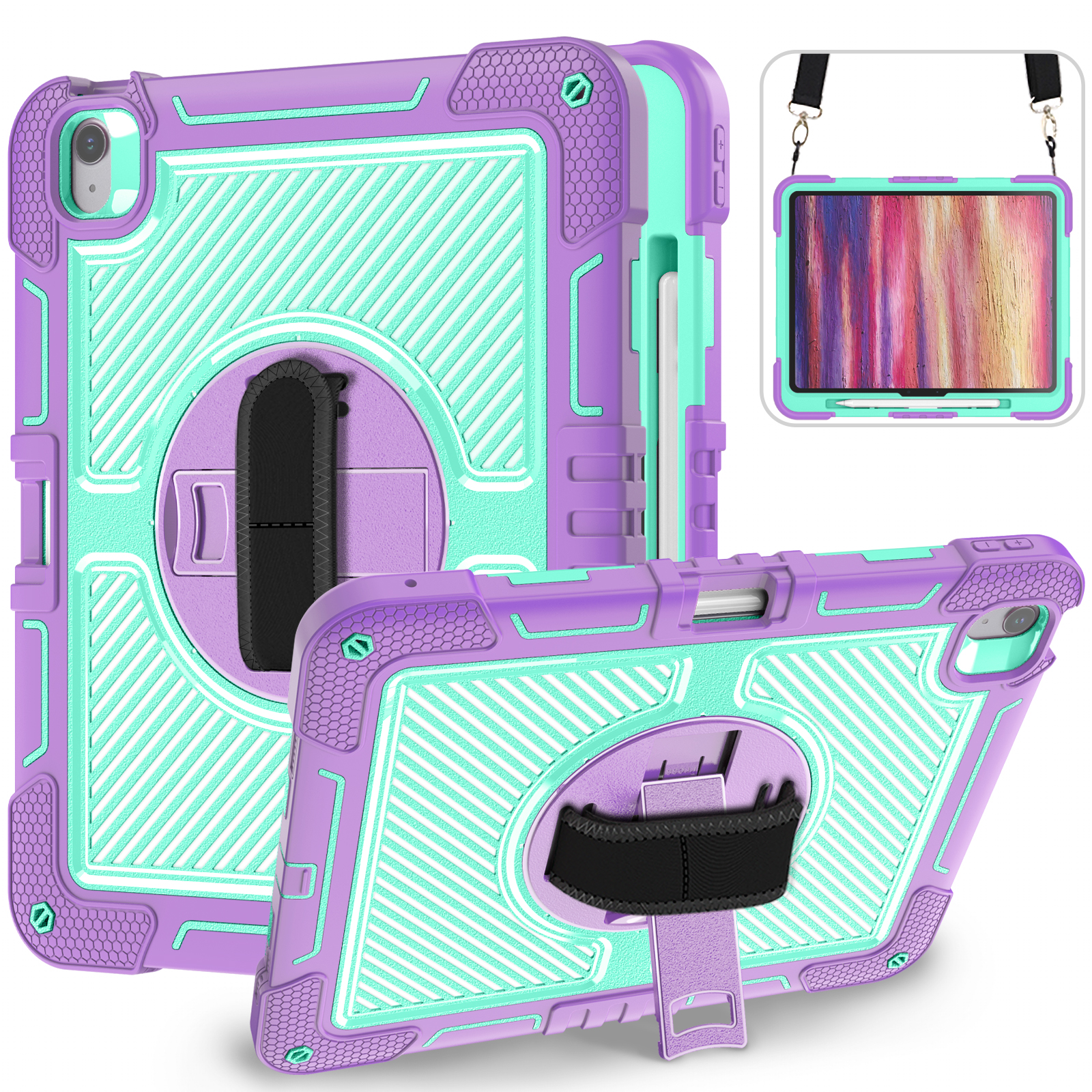 TOZIZO Purple Mint 360° Rotating Tablet Case for pad Air13, 3-Layer Shockproof Armor with Hand Strap & Shoulder Strap