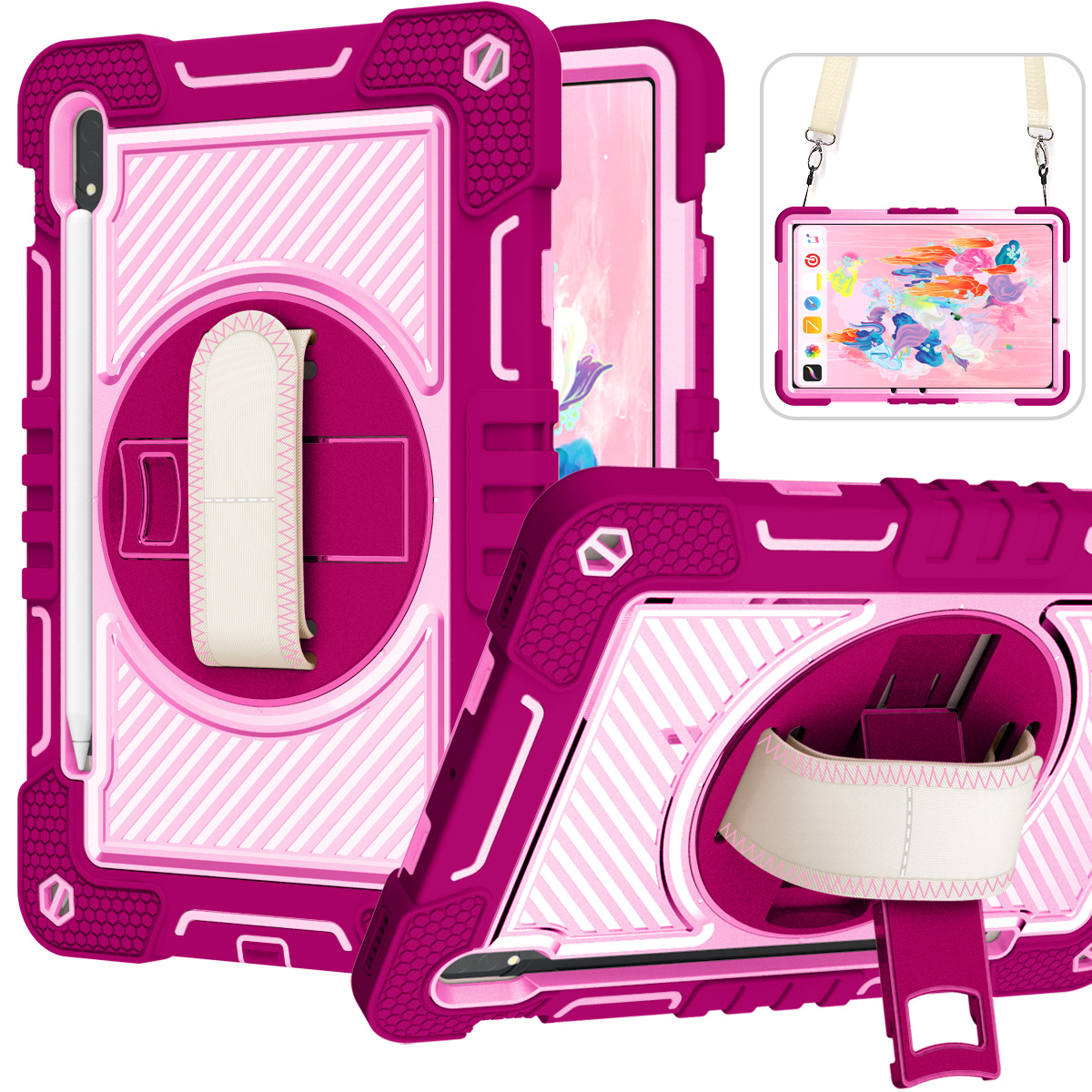 TOZIZO Rose Red Galaxy Tab S8 Rugged Protective Cover – 360° Swivel Stand, Hand Grip & Wide Adjustable Shoulder Strap