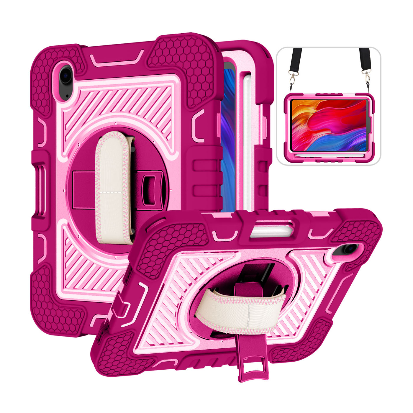 TOZIZO Rose Red Commercial Protective Case for iPad mini 6 with 360° Kickstand & Adjustable Straps for Business Fleets