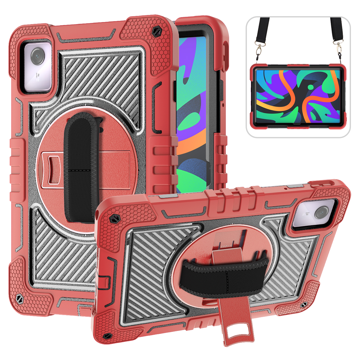 TOZIZO Red Shockproof Cover for Lenovo TAB M11 2024 – Multi-Angle 360° Kickstand, Hand Grip & Adjustable Shoulder Strap, Heavy-Duty PC Silicone Case for Education & Retail Procurement