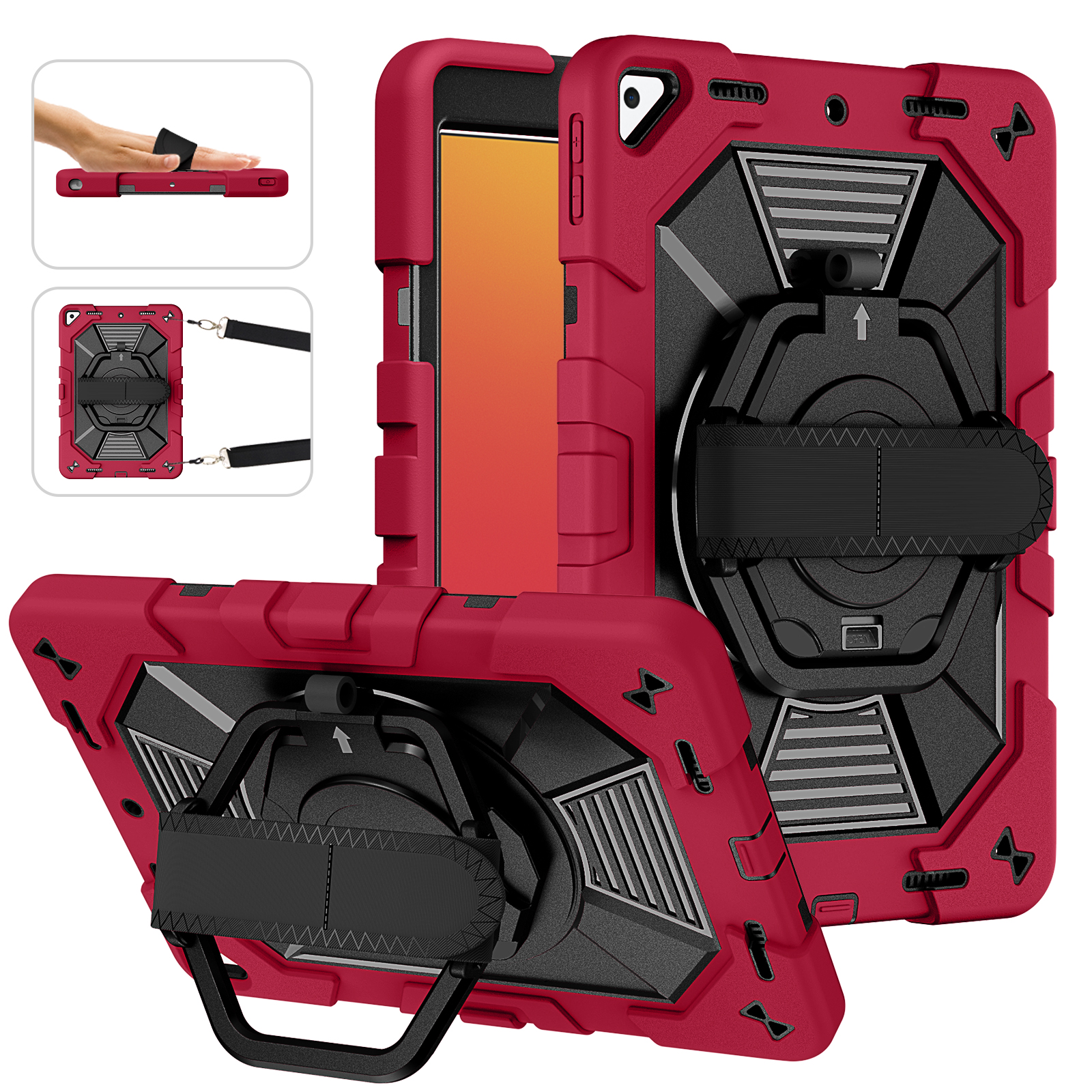 TOZIZO Wine Red Commercial Rugged Case for iPad 10.2 with 360° Stand, Adjustable Hand Strap & Carry Handle