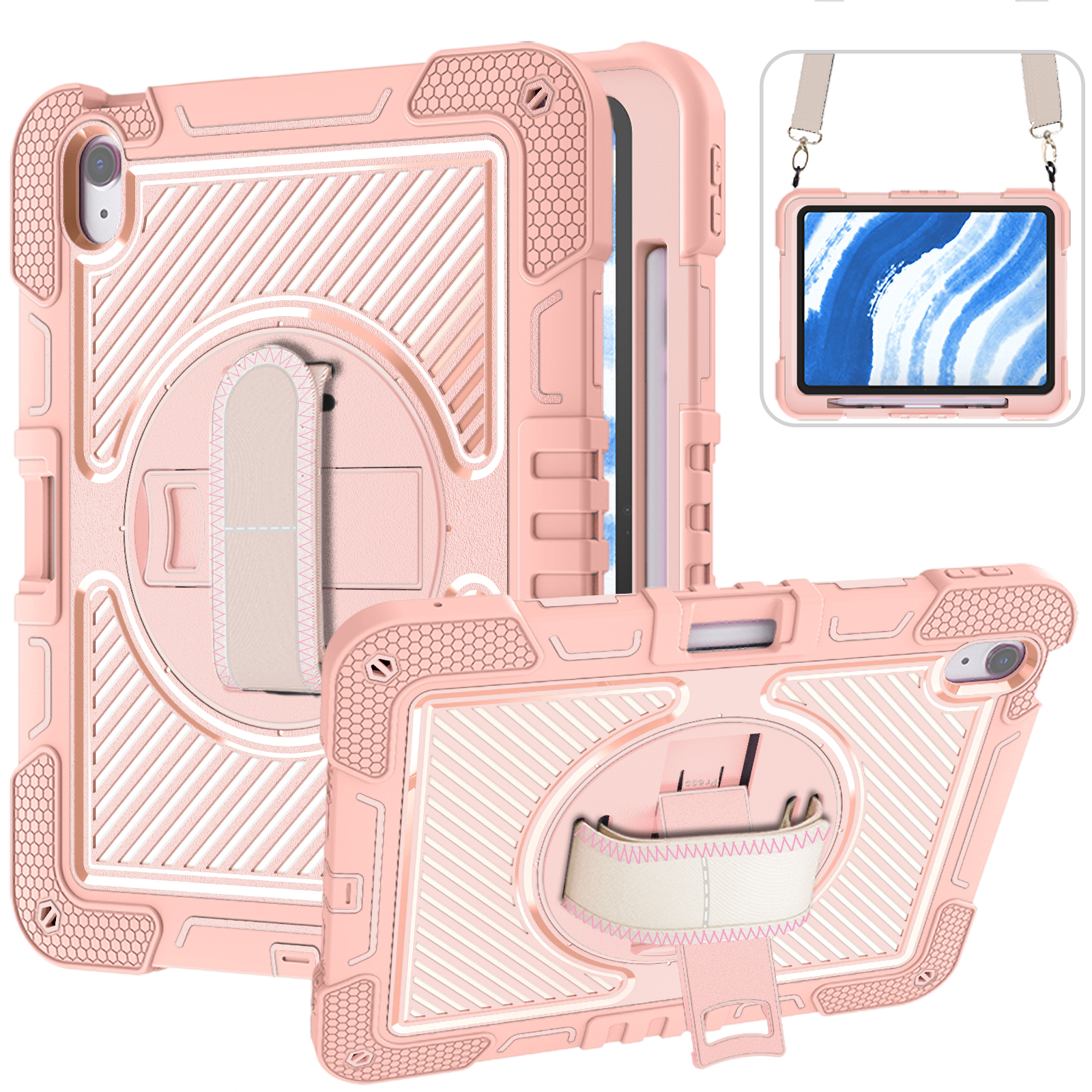 TOZIZO Rose Gold 3-Layer Protective Case for iPad Air 11 with Rotating Stand & Adjustable Straps