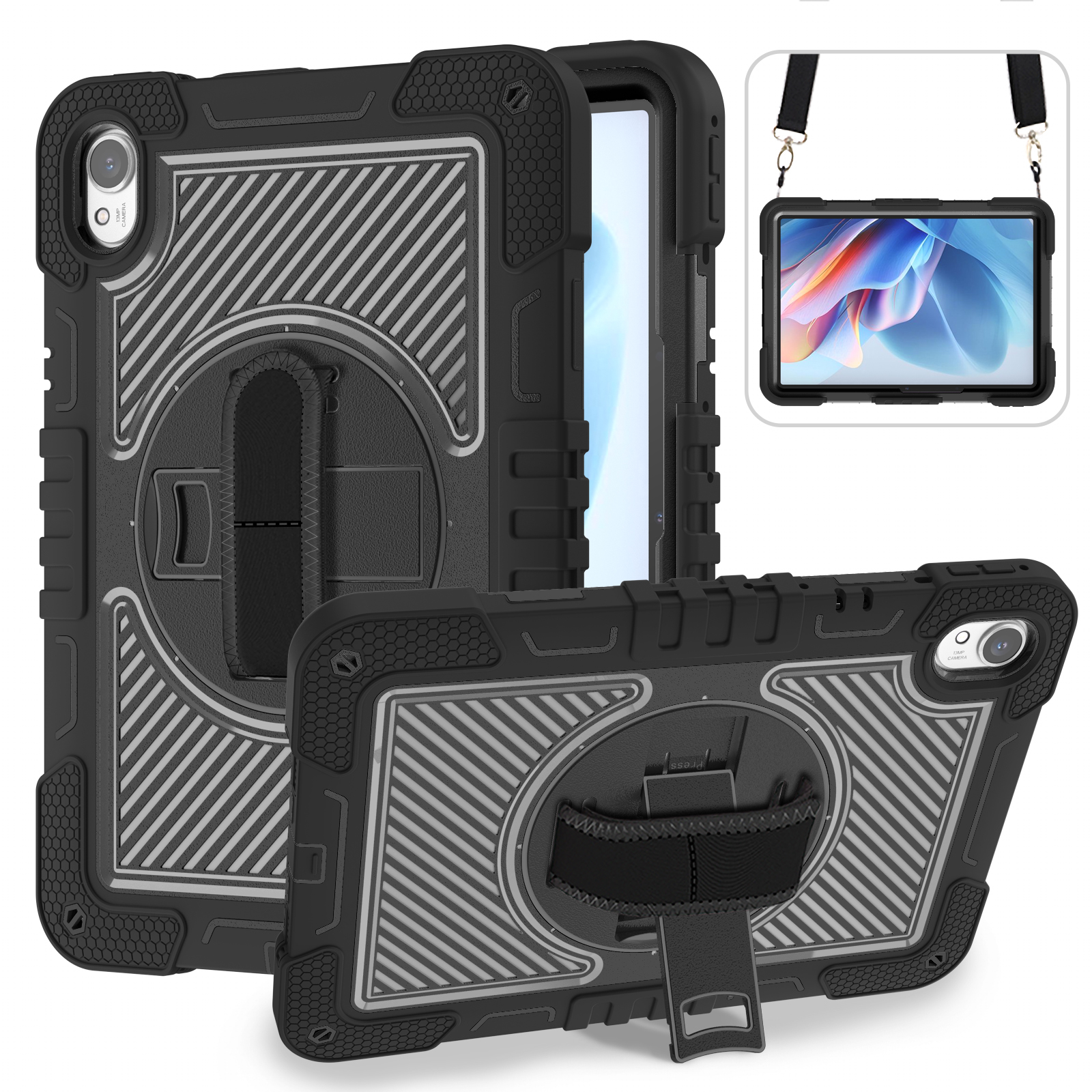 TOZIZO Black Commercial Rugged Case for Huawei MatePad 11 with 360° Stand, Hand Strap & Shoulder Strap