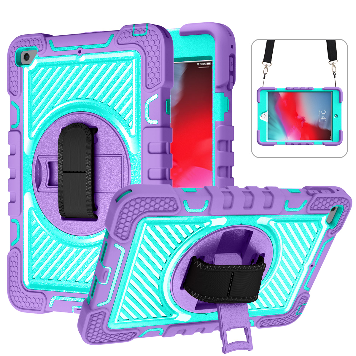 TOZIZO Purple Mint for iPad mini 4/5 Kids & Education Rugged Case with 360° Stand, Adjustable Hand Strap and Shoulder Carry Strap