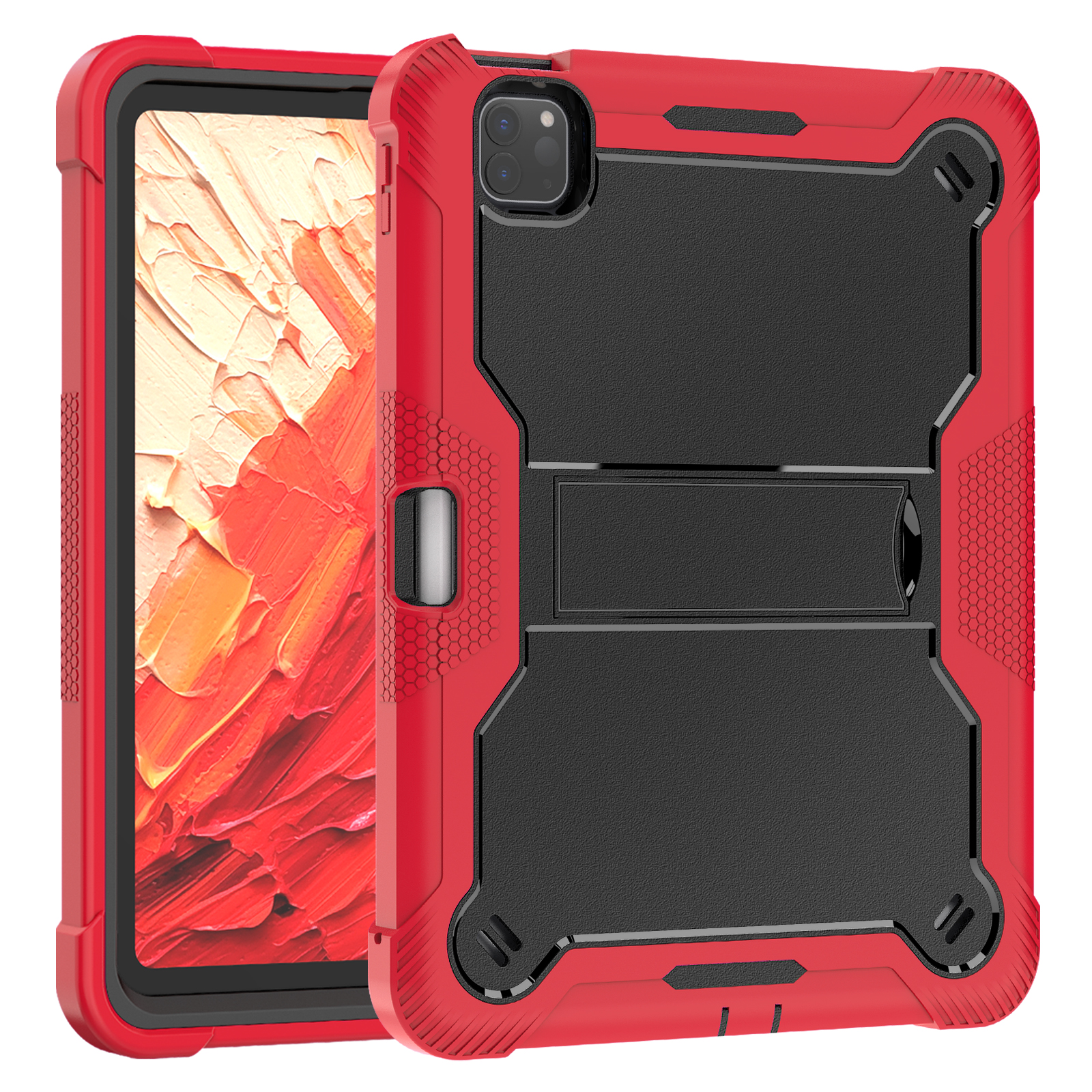 TOZIZO 3-Layer Rugged Protective Case for iPad Pro 11 2024 with Foldable Landscape Stand & Pencil Holder - Red Black