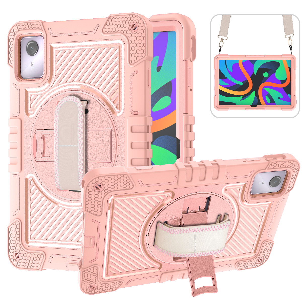 TOZIZO Rose Gold Protective Case for Lenovo TAB M11 2024 – 360° Swivel Stand, Adjustable Hand Strap & Widened Carry Strap, 3-in-1 Rugged PC Silicone Shell for Corporate Resellers & OEM Orders