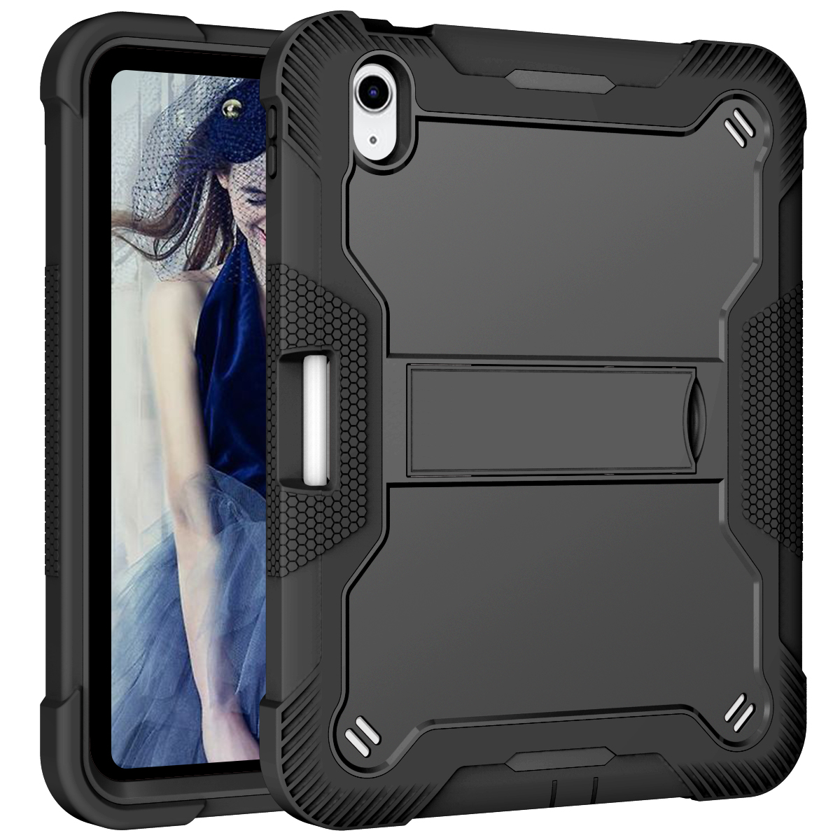 TOZIZO Enterprise Heavy Duty Case for iPad 10th 2022, 3-in-1 Silicone PC Shockproof Cover with Foldable Multi-Angle Landscape Stand - Black