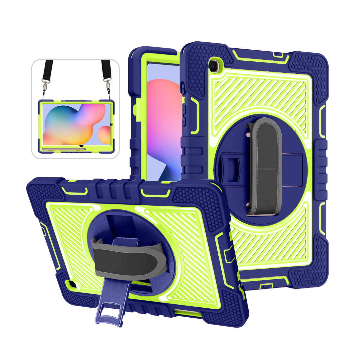 TOZIZO Navy Blue Rugged Samsung Galaxy Tab S6 Lite 10.4 Case – 360° Rotating Stand & Carry Straps for Logistics and Fleet Deployment