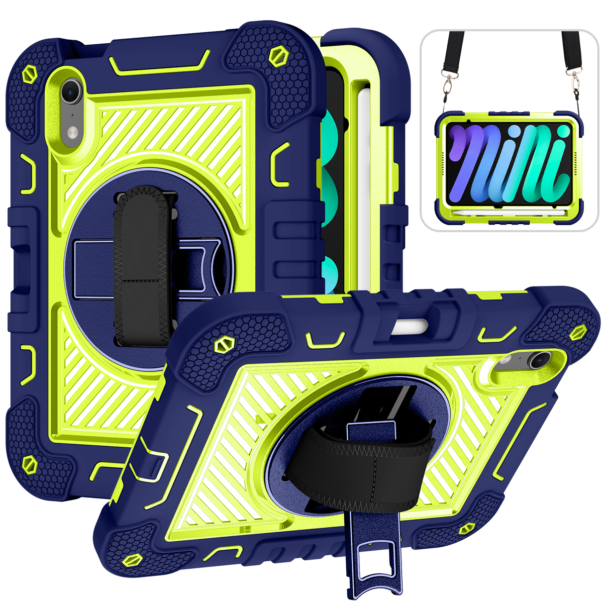 TOZIZO Navy Blue Field Service Armor Case for iPad mini8 | Anti-Slip 360° Stand & Carry Strap