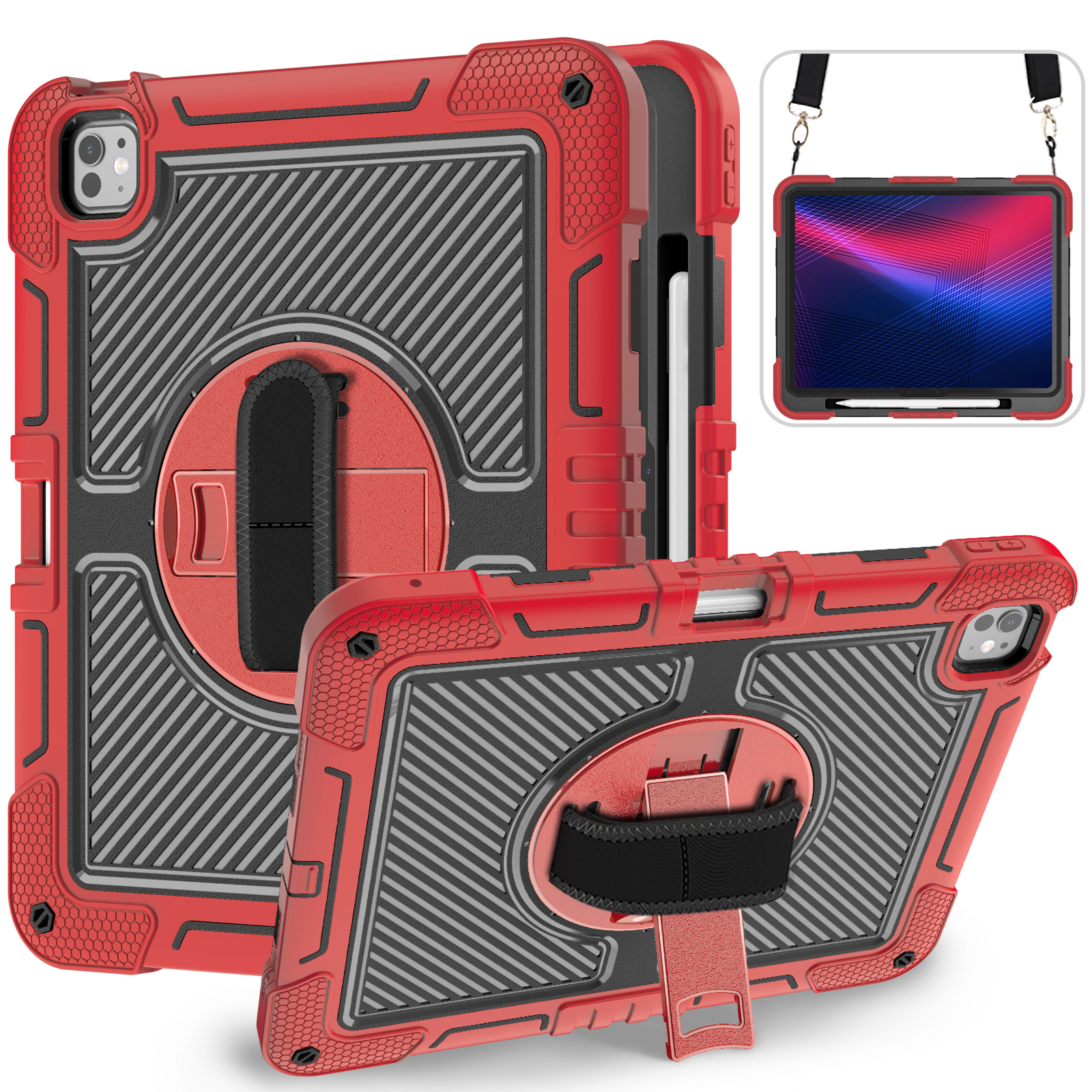 TOZIZO Red Shockproof Armor for iPad Pro 13 | 360° Swivel Stand Hand Grip Shoulder Carry Case Wholesale