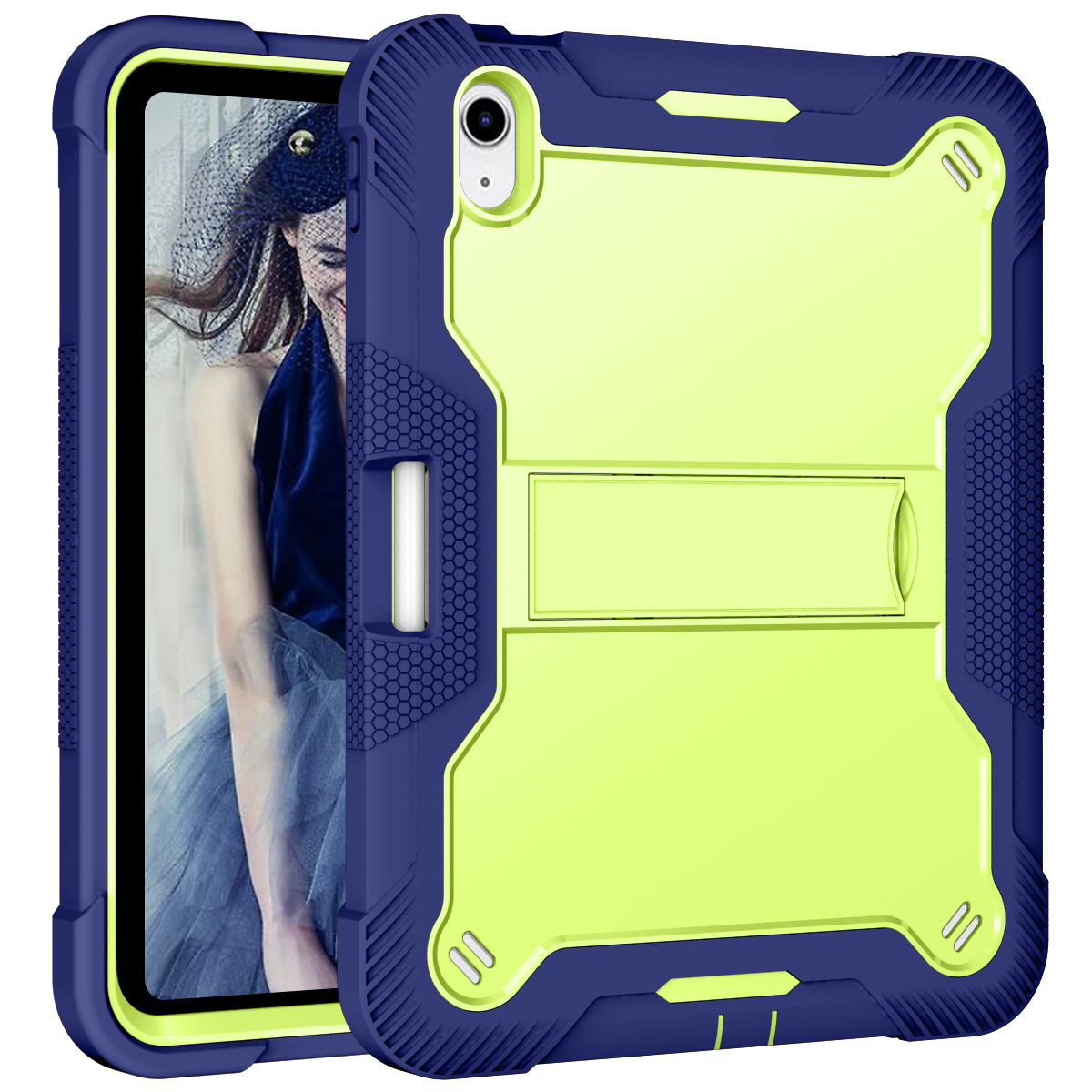 TOZIZO Warehouse Field Rugged Case for iPad 10th 2022, Heavy Duty Silicone PC Armor with Multi-Angle Landscape Kickstand - Navy Blue