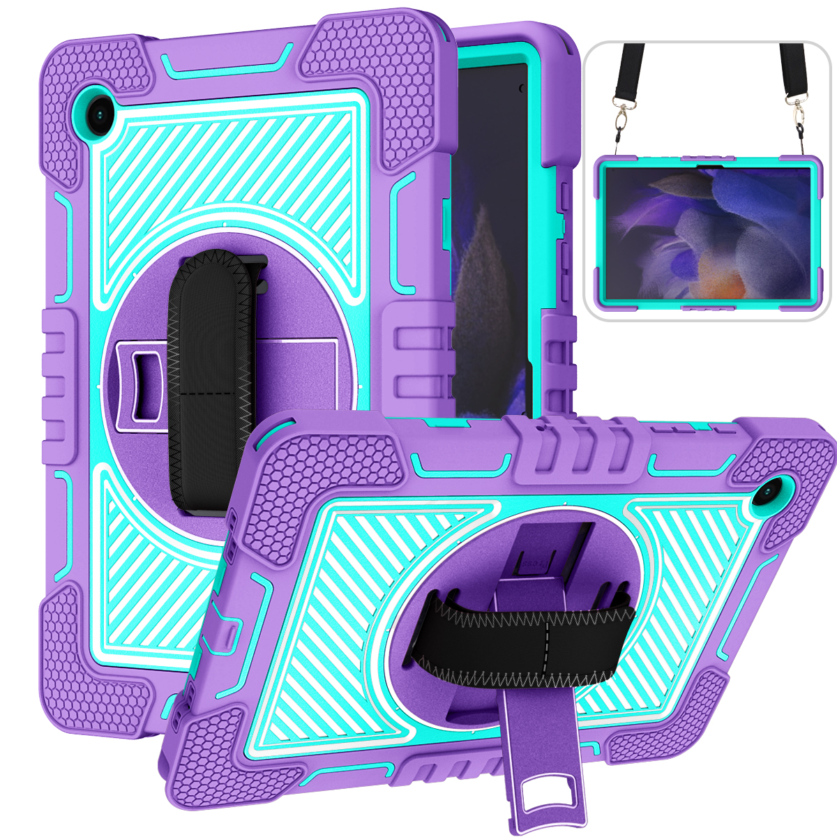 TOZIZO Purple Mint 360° Rotating Case for Samsung Tab A8 2021 with Adjustable Hand Strap & Wide Shoulder Strap | Education B2B
