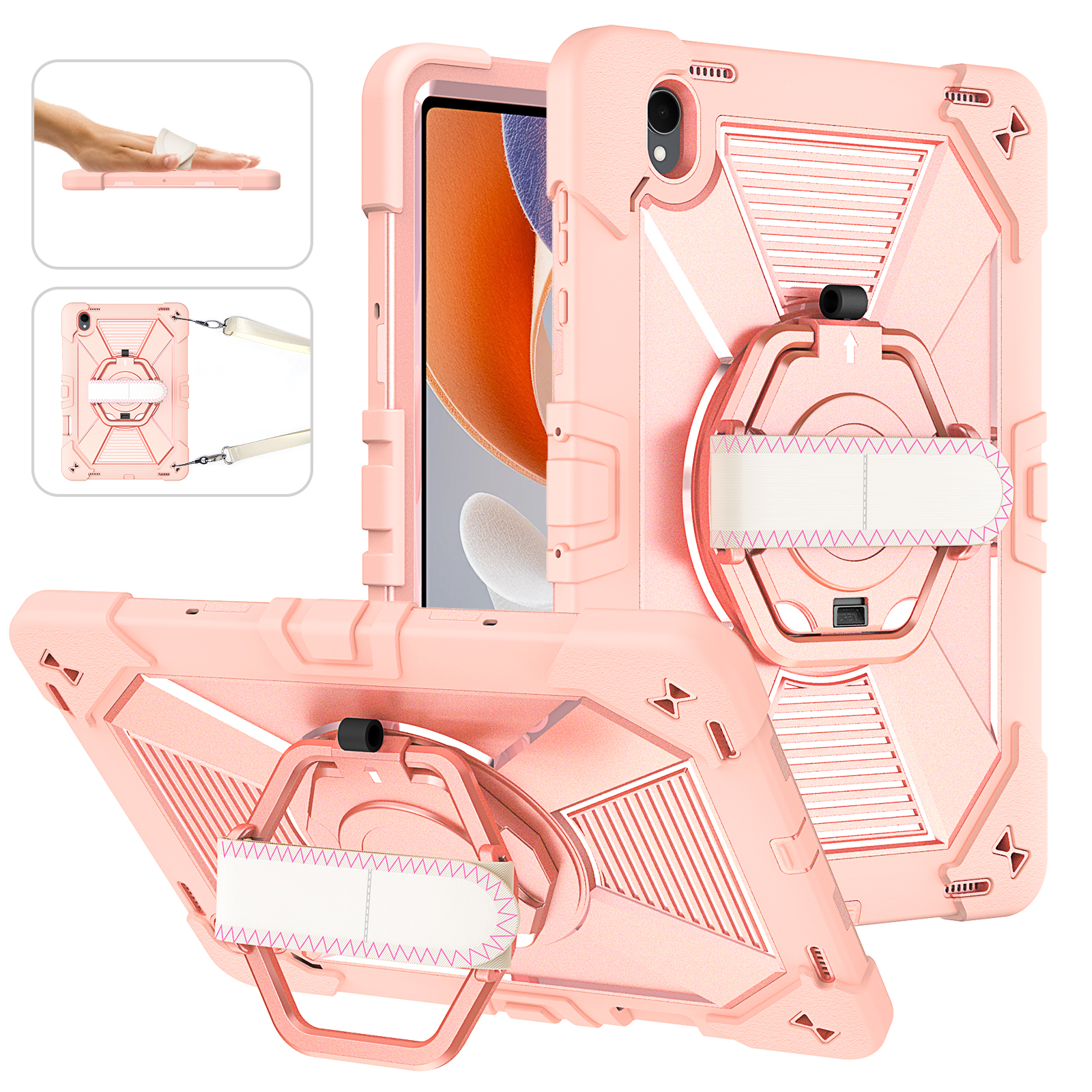TOZIZO For Tab S12 Plus Rose Gold Protective Tablet Case with 360° Rotating Stand, Hand Strap and Carry Handle