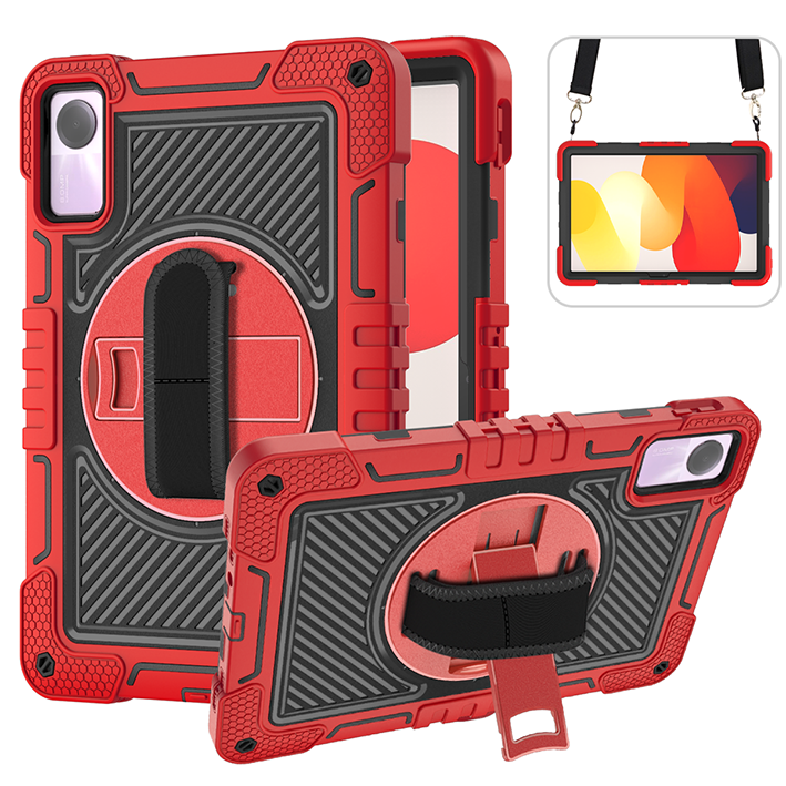 TOZIZO Red Shockproof Armor Case for Redmi Pad SE with 360° Stand & Adjustable Carry Straps