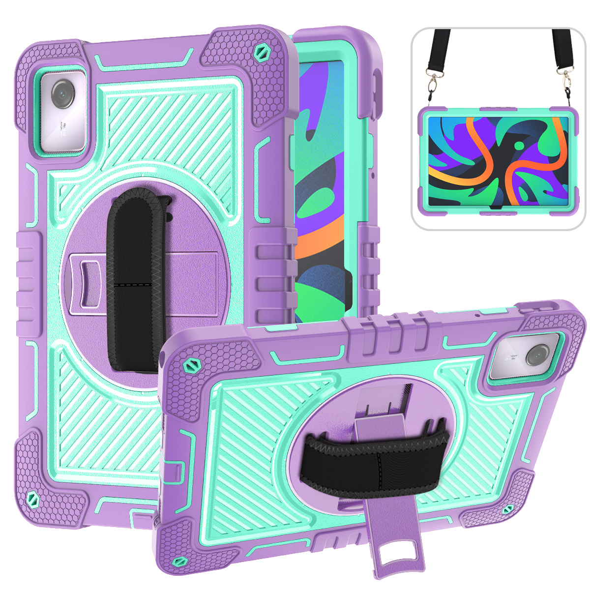 TOZIZO Purple Mint Multifunction Case for Lenovo TAB M11 2024 – 360° Viewing Stand, Adjustable Hand Strap & Shoulder Strap, Rugged 3-Layer PC Silicone Cover for Schools & Distributors