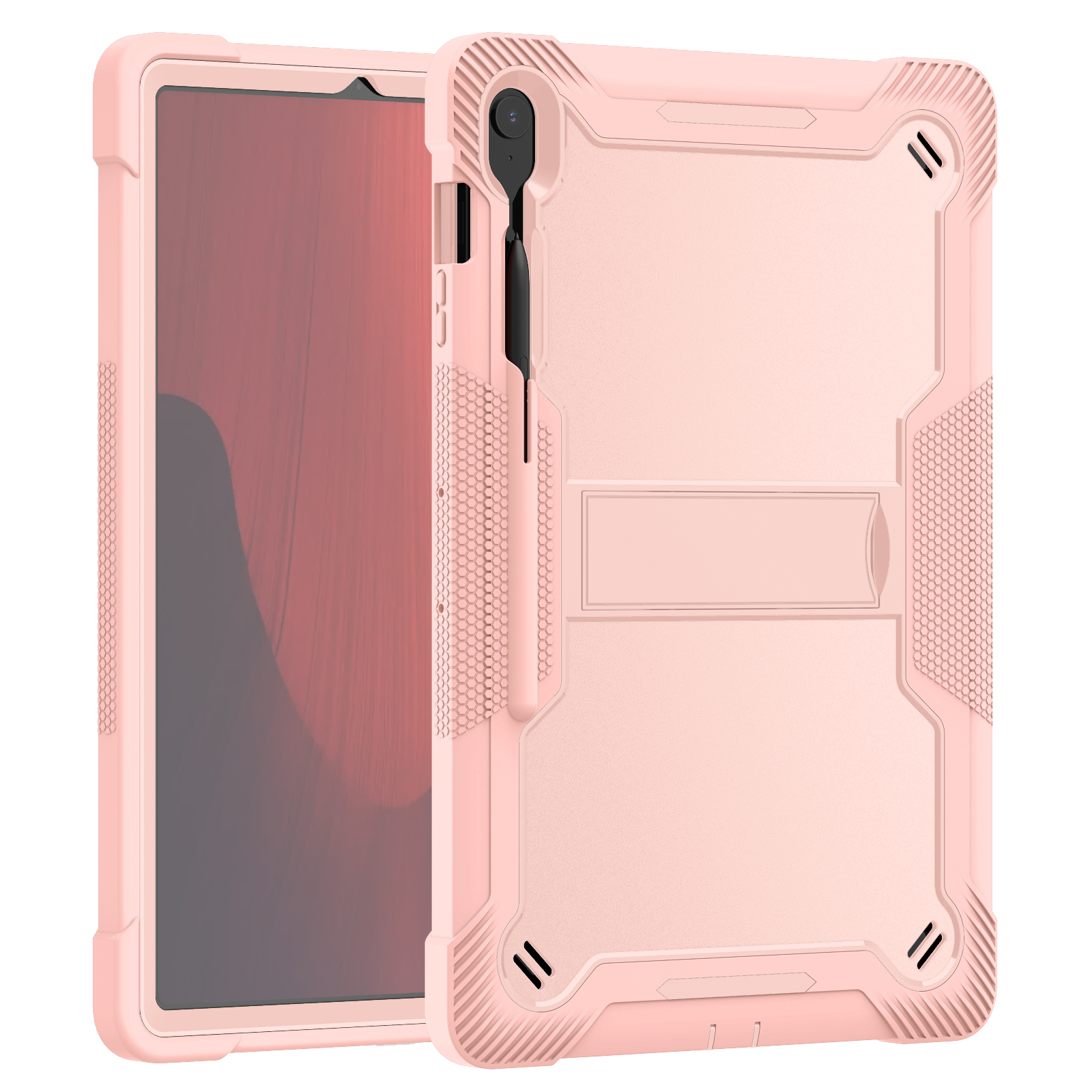TOZIZO Rose Gold Retail Rugged Cover for Samsung Tab S10 FE+ with Foldable Landscape Stand, Anti-Drop 3-Layer Silicone PC Protection