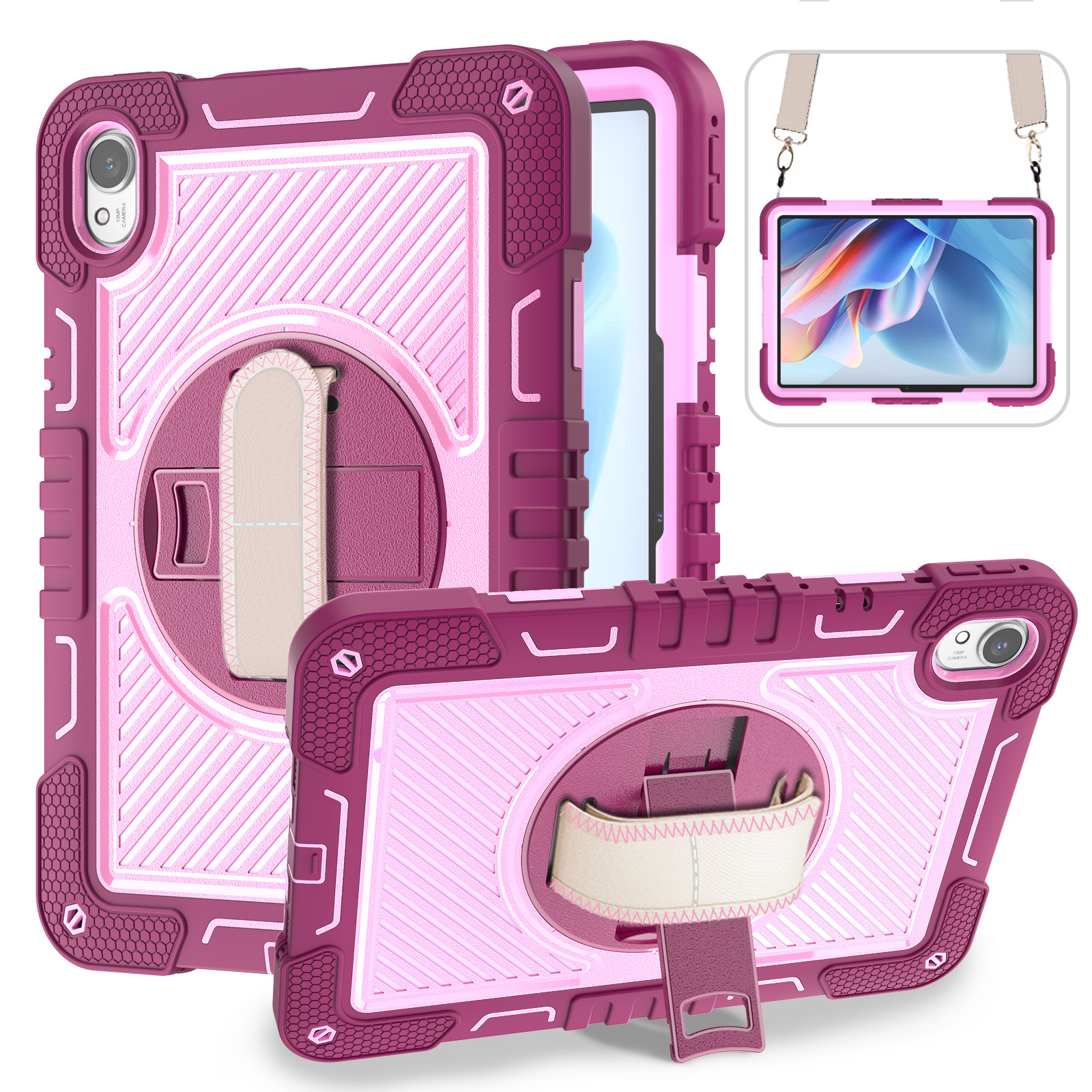 TOZIZO Rose Red Rugged Armor Case for Huawei MatePad 11 – Drop Protection, Swivel Stand & Carry Straps