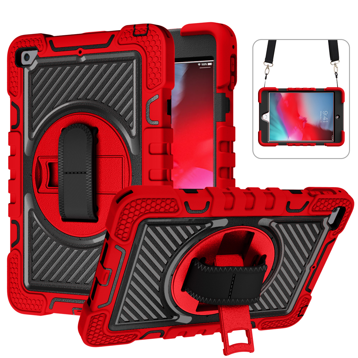 TOZIZO Red Shockproof for iPad mini 4/5 Protective Case with 360° Swivel Kickstand, Adjustable Hand Grip & Carry Strap