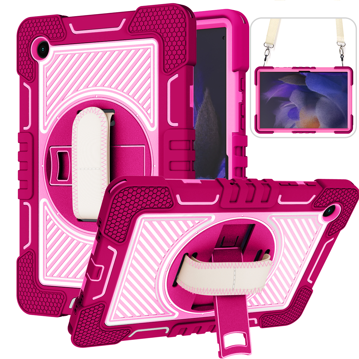 TOZIZO Rose Red 360° Rotating Shockproof Case for Samsung Tab A8 2021 with Hand Strap & Wide Shoulder Strap | Promotional Wholesale