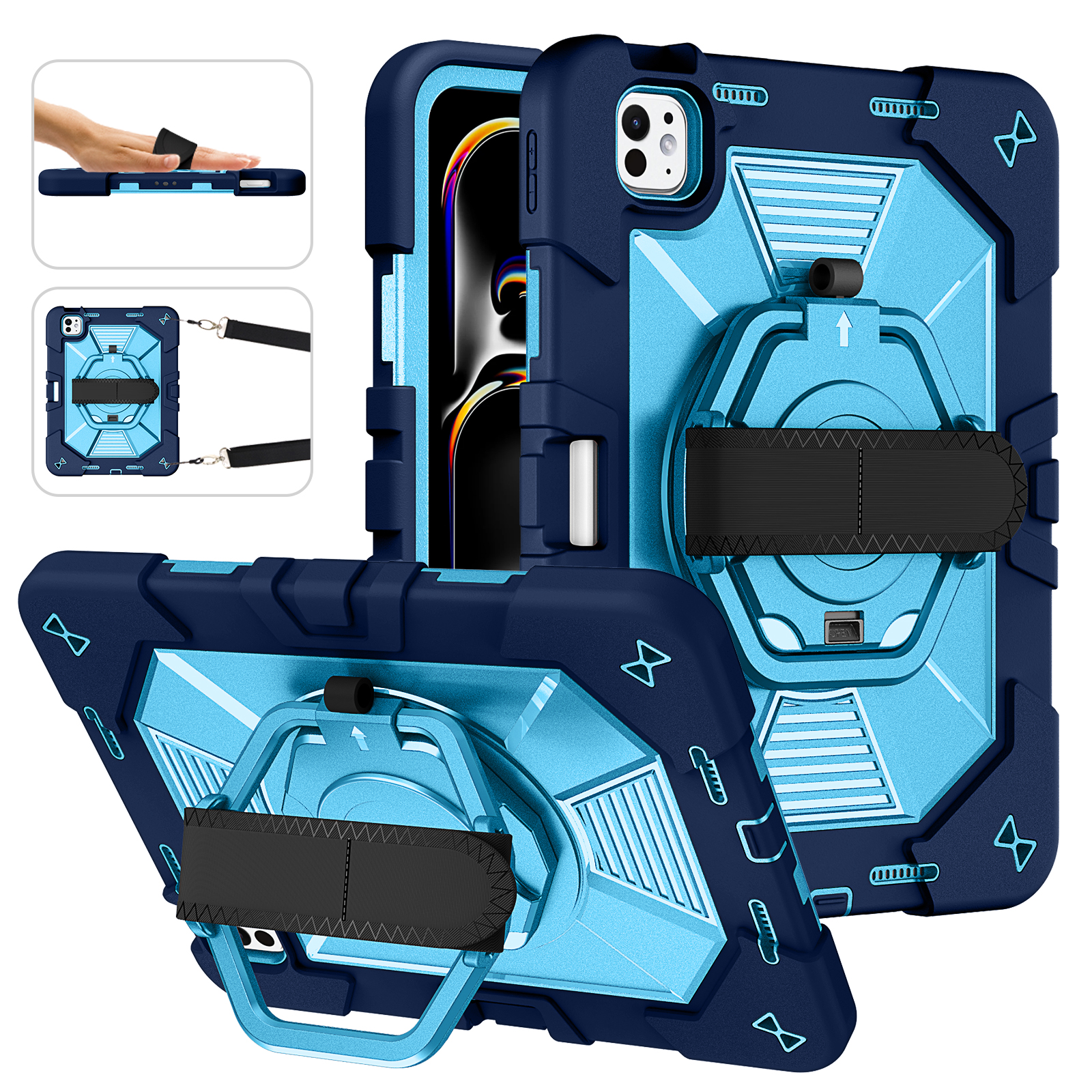 TOZIZO Navy Blue Enterprise Rugged Case for iPad Pro 11, 360° Rotating Stand for Warehouse & Field Teams