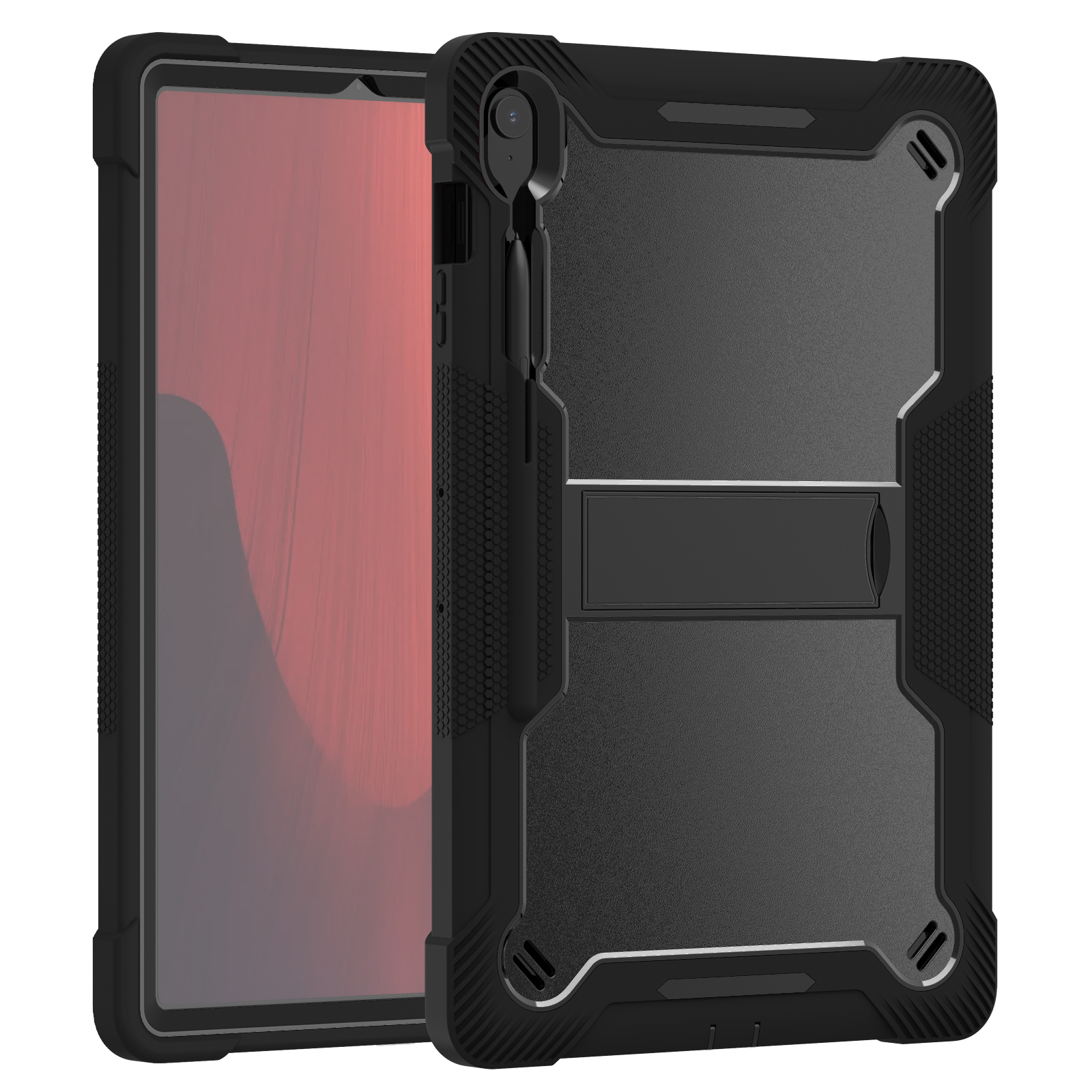 TOZIZO Black Enterprise Rugged Case for Samsung Tab S10 FE+ with Foldable Multi-Angle Landscape Stand, 3-Layer Silicone PC Armor