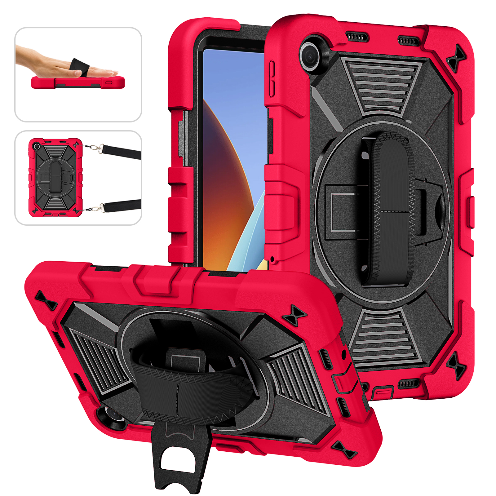 TOZIZO Kids Education Rugged Case for Redmi Pad 2 9.7, 360° Rotating Hand Strap Shockproof Cover - Red/Black