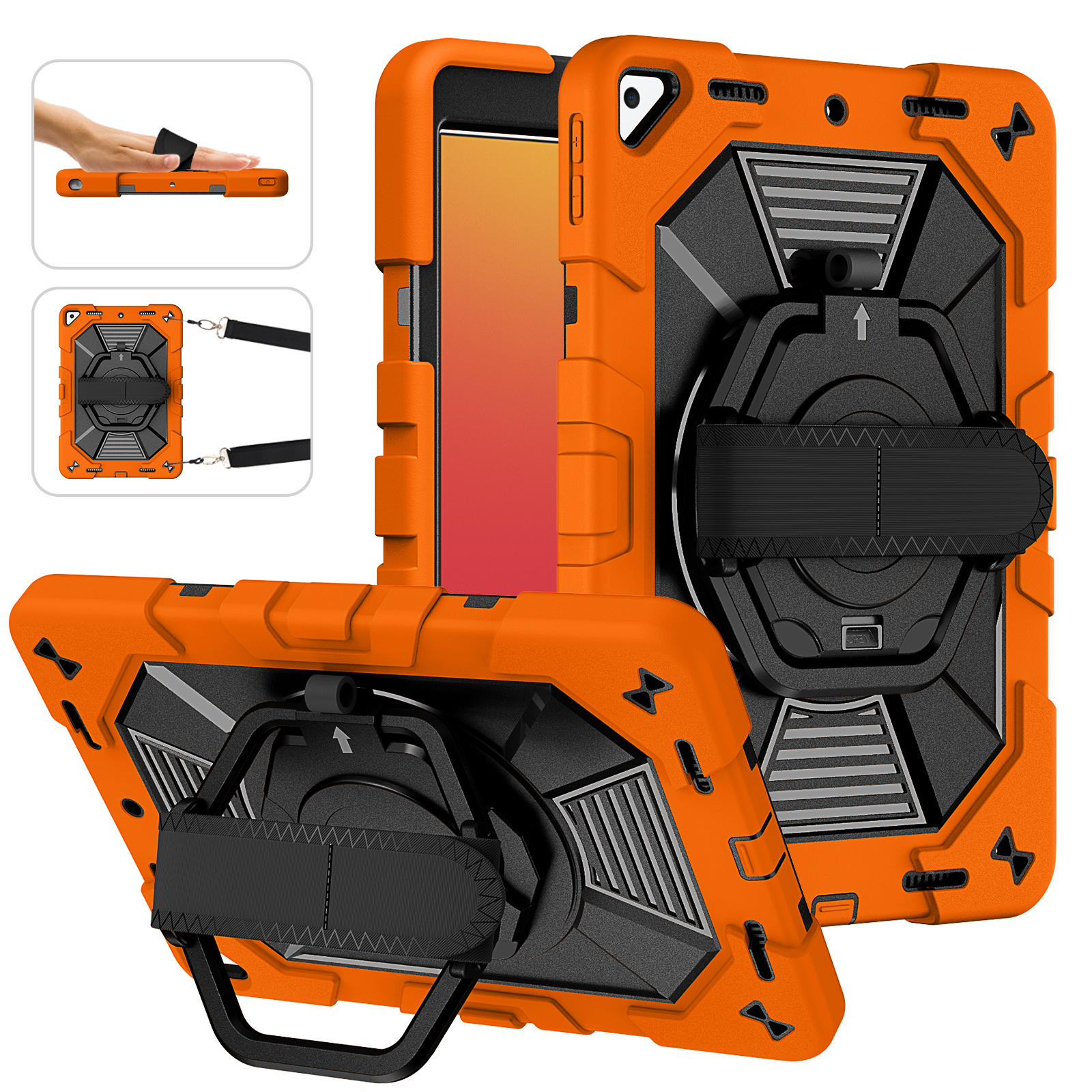 TOZIZO Orange Outdoor Armor Case for iPad 10.2, 360° Multi-Angle Stand, Hand Grip, Handle & Shoulder Strap