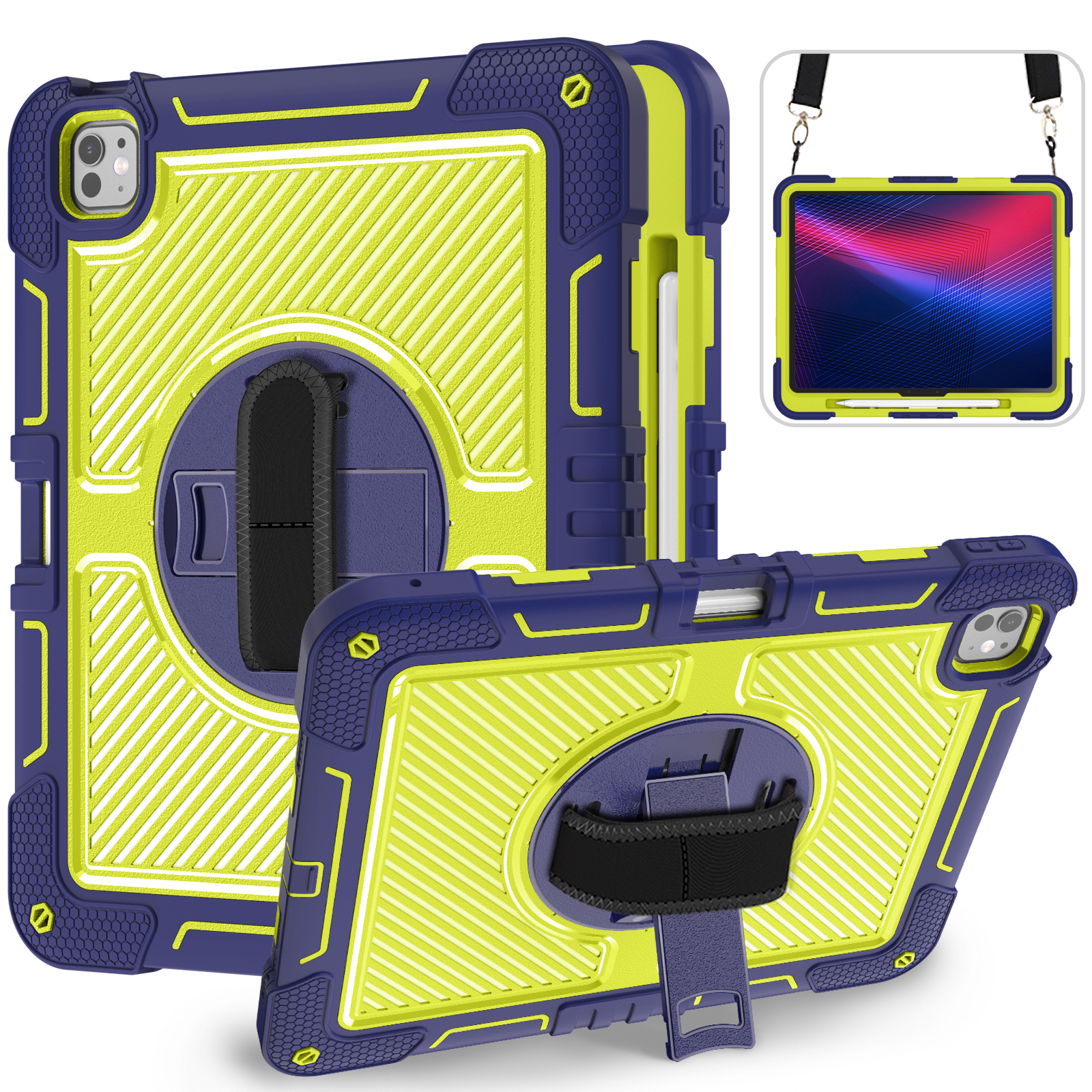 TOZIZO Navy Blue Enterprise Armor for iPad Pro 13 | 360° Rotating Stand Hand Strap Shoulder Strap Case