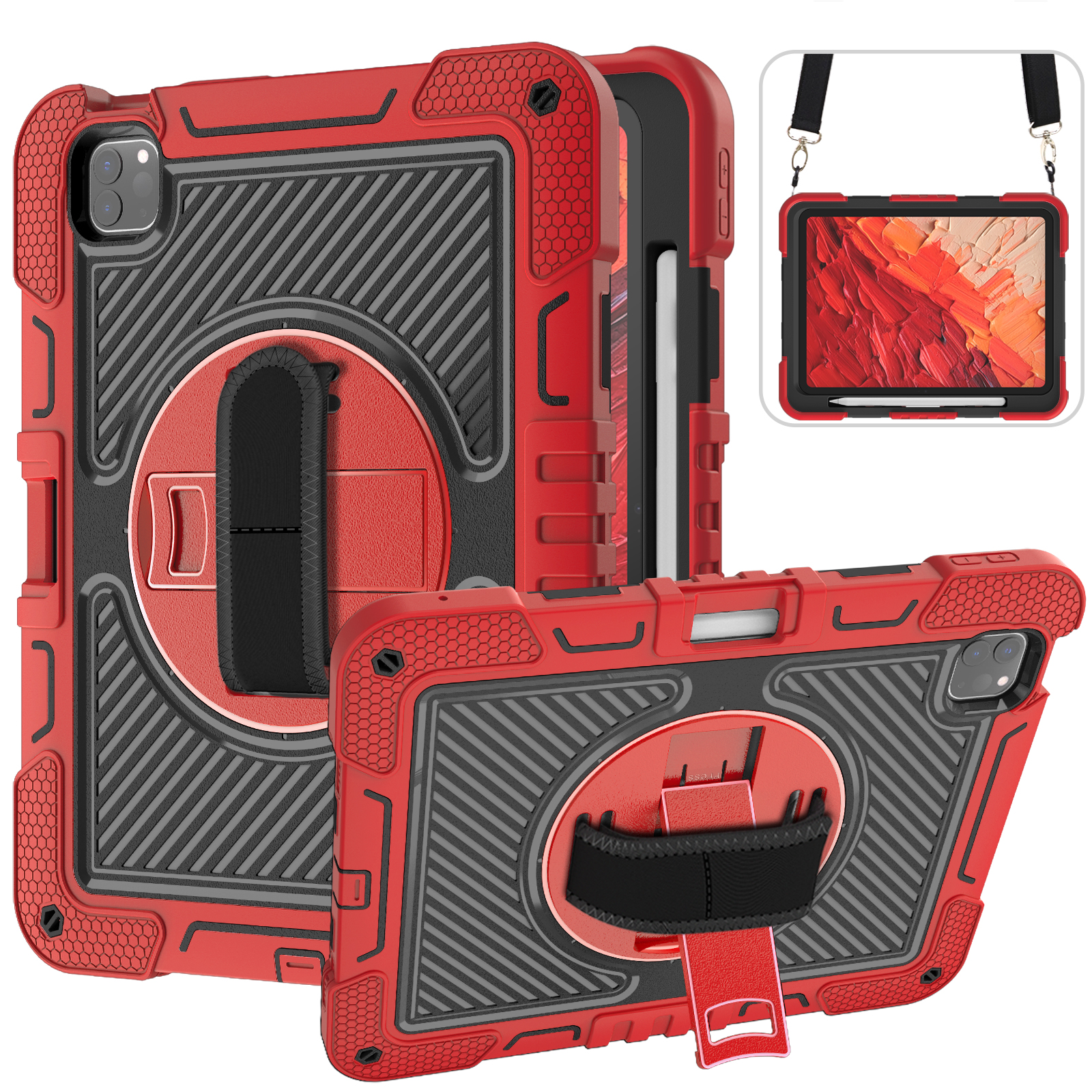 TOZIZO for iPad Pro 11 2024 Red Shockproof Rugged Protective Case with Multi-Angle Kickstand & Adjustable Carry Straps