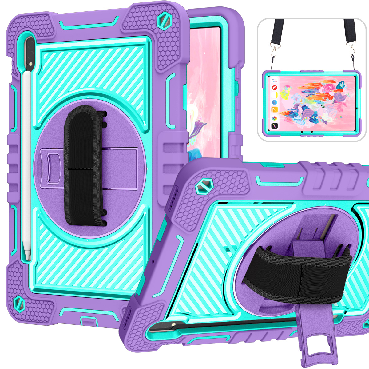 TOZIZO Purple Mint Shockproof Case for Samsung Galaxy Tab S8 – 360° Stand, Adjustable Hand Strap & Shoulder Strap