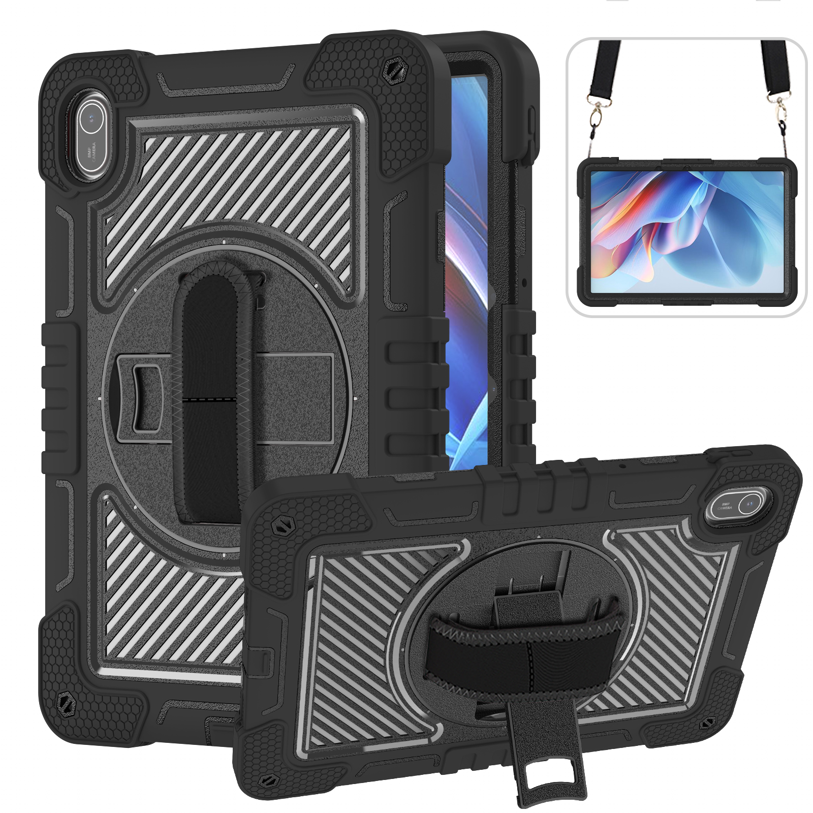 TOZIZO Black Rugged Case for Huawei MatePad SE 11 with 360° Rotating Stand, Hand Strap & Shoulder Strap