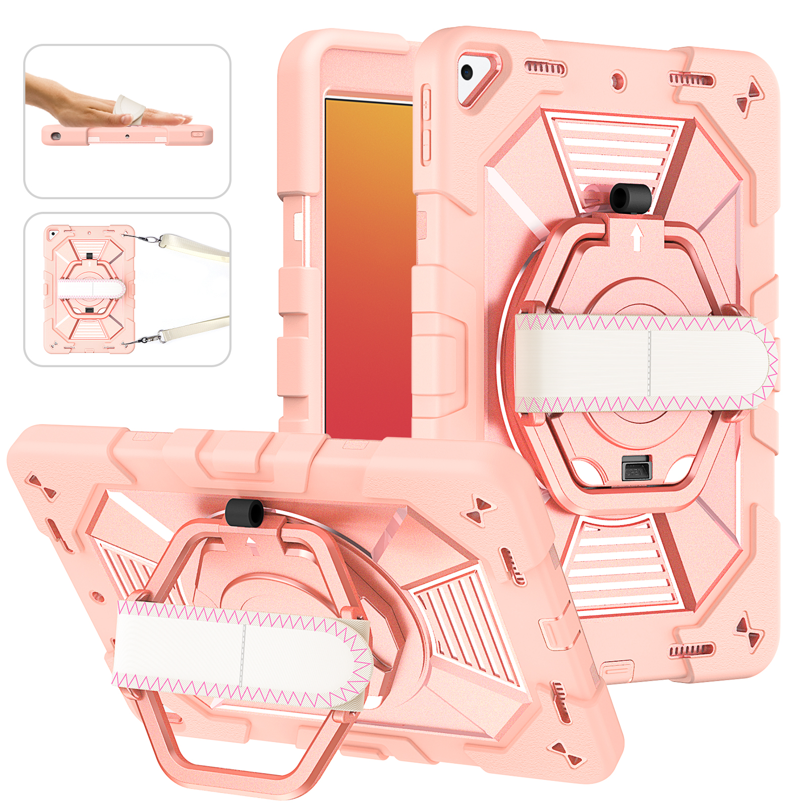 TOZIZO Rose Gold Protective Case for iPad 10.2 with 360° Rotating Stand, Hand Strap, Handle & Shoulder Belt
