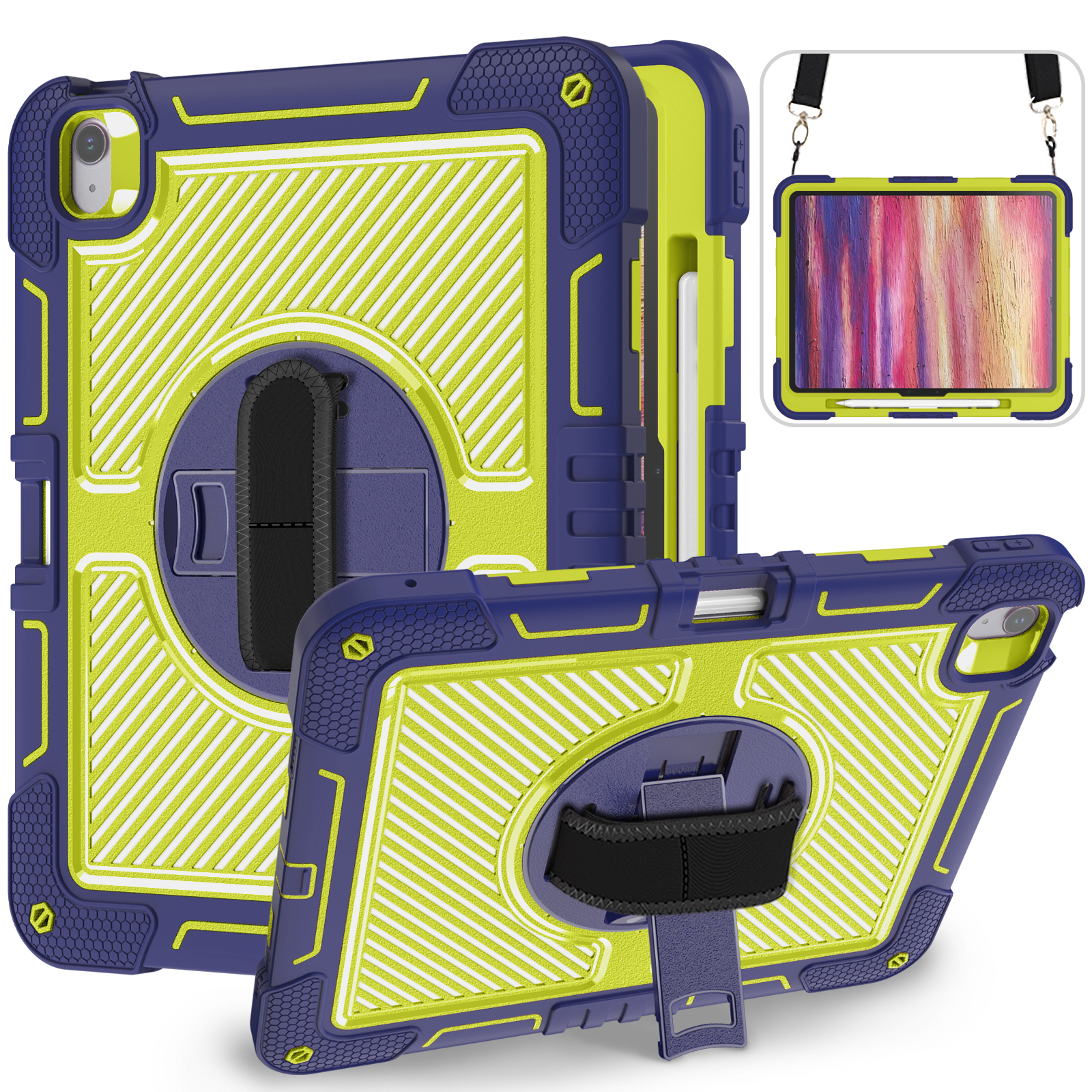 TOZIZO Navy Blue Commercial Rugged Case for pad Air13 with 360° Rotating Kickstand, Secure Hand Strap & Shoulder Carry