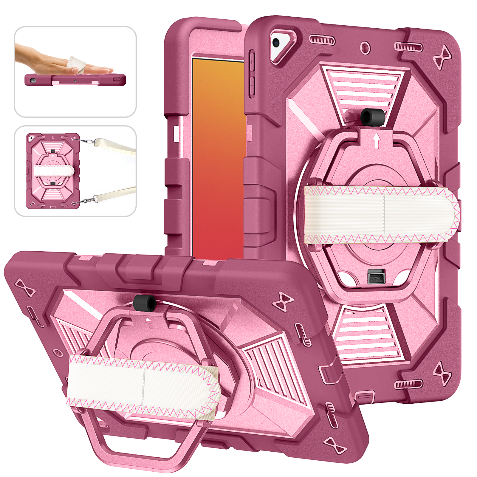 TOZIZO Rose Red Heavy Duty Case for iPad 10.2 with 360° Rotating Stand, Adjustable Grip & Wide Shoulder Strap