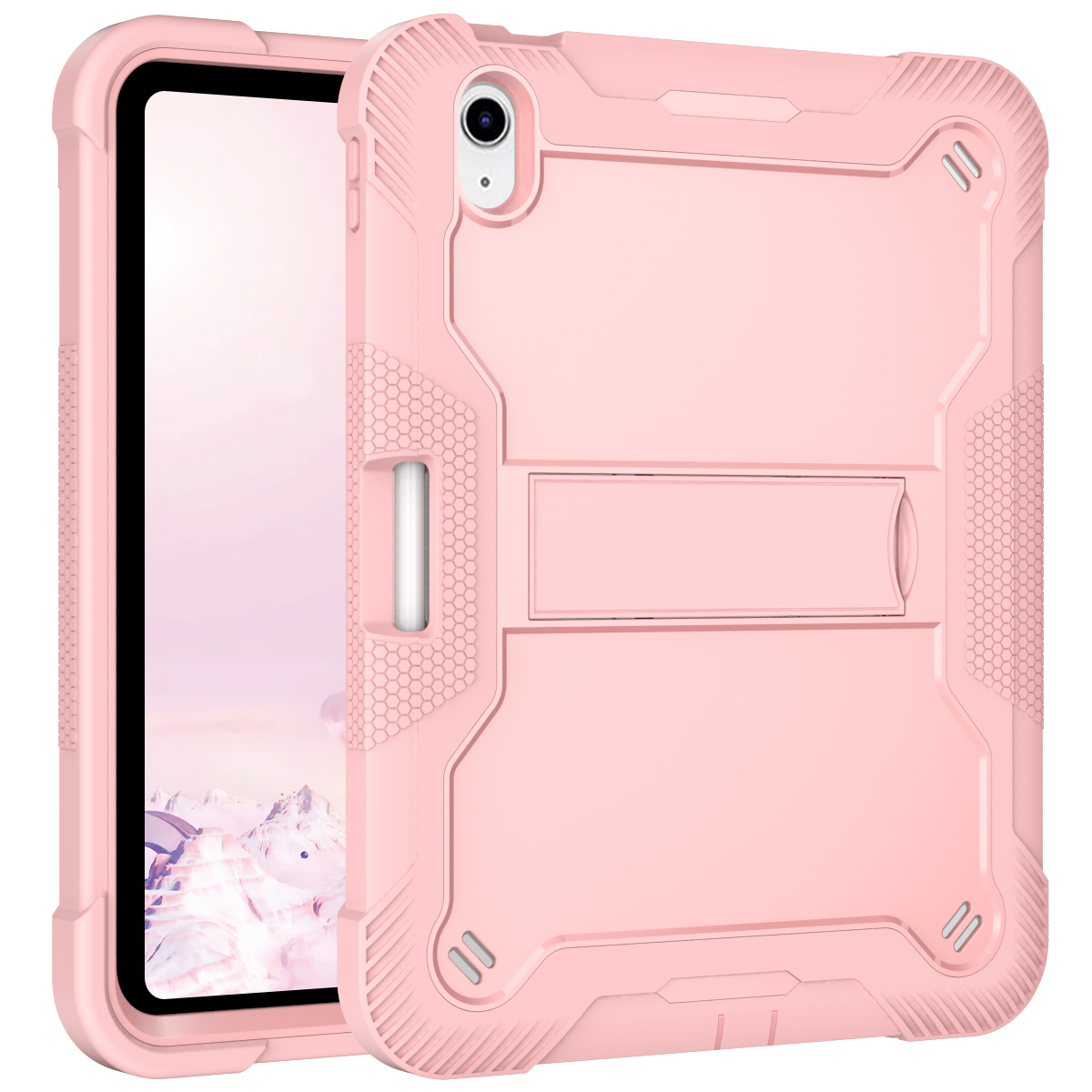 TOZIZO Education Retail Case for iPad 10th 2022, Shockproof Silicone PC Protective Cover with Foldable Landscape Stand - Rose Gold