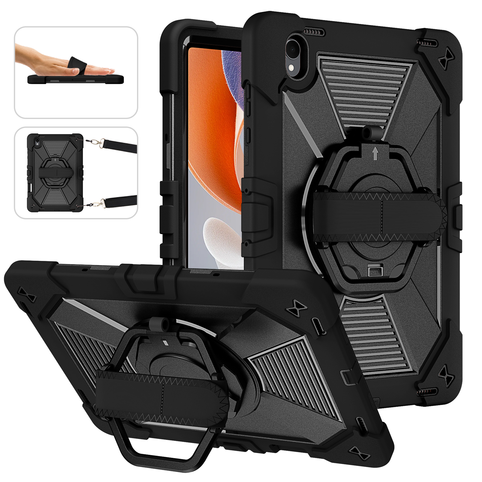 TOZIZO For Tab S12 Plus Black 3-Layer Armor Tablet Case with 360° Swivel Kickstand and Carry System