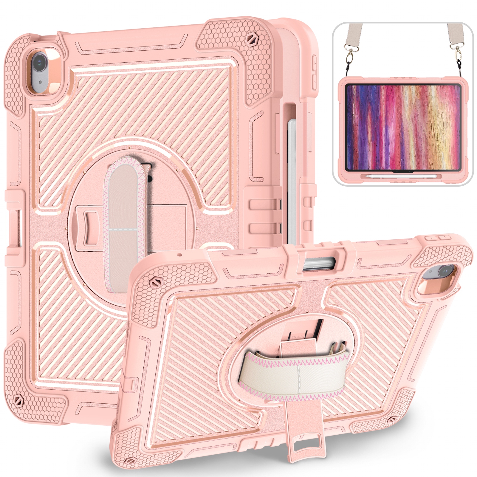 TOZIZO Rose Gold Premium Rugged Tablet Cover for pad Air13 with 360° Multi-Angle Stand, Hand Grip & Carrying Strap