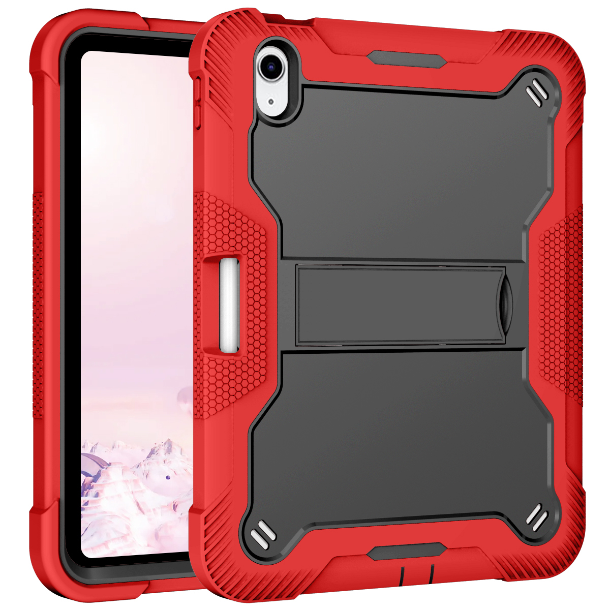 TOZIZO Industrial Worksite Case for iPad 10th 2022, Rugged Drop-Resistant Silicone PC Armor with Foldable Landscape Kickstand - Red Black