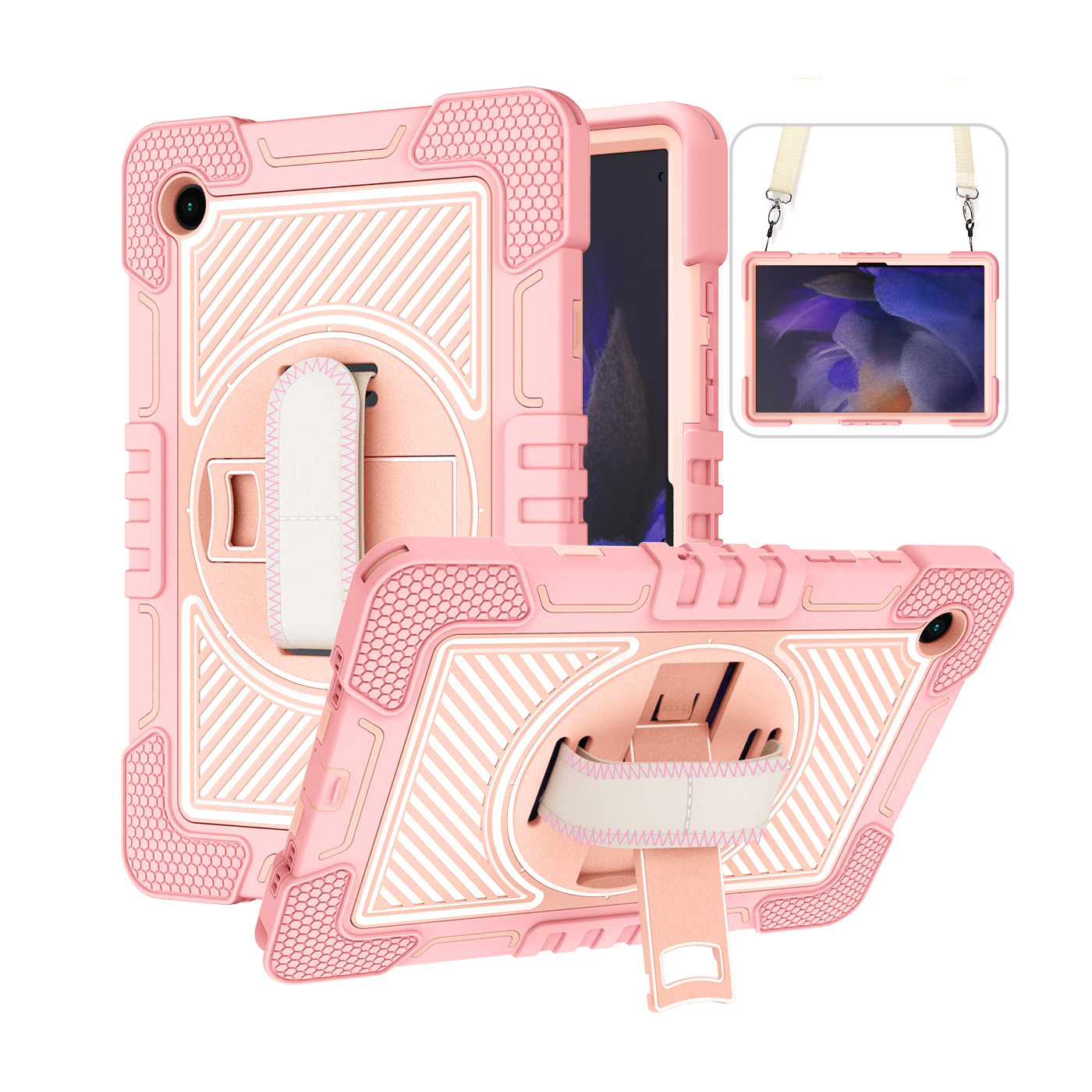 TOZIZO Rose Gold 360° Rotating Protective Case for Samsung Tab A8 2021 with Hand Strap & Wide Shoulder Strap | Corporate & Retail Bulk
