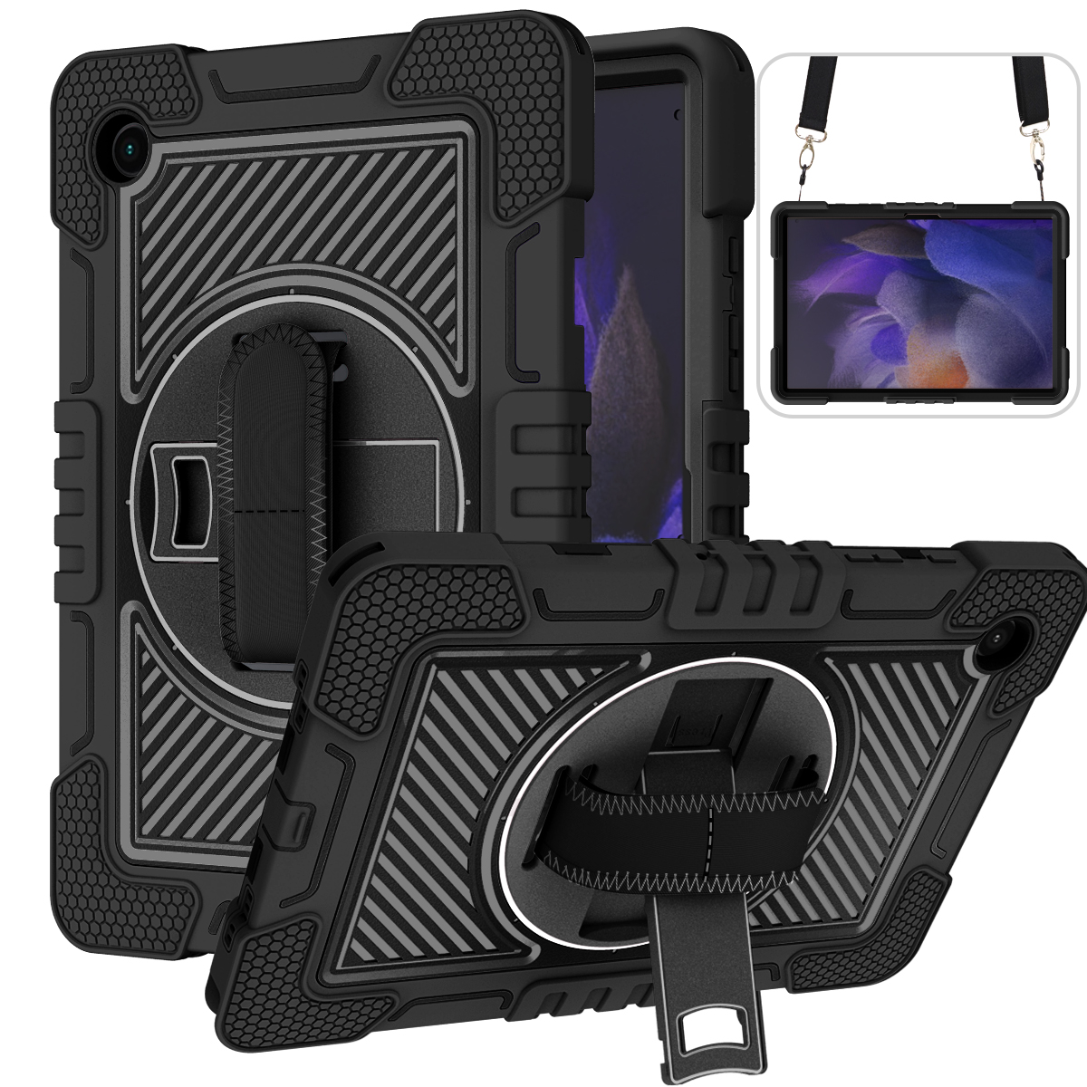 TOZIZO Black 360° Rotating Rugged Case for Samsung Tab A8 2021 with Adjustable Hand Strap & Wide Shoulder Strap | Enterprise B2B