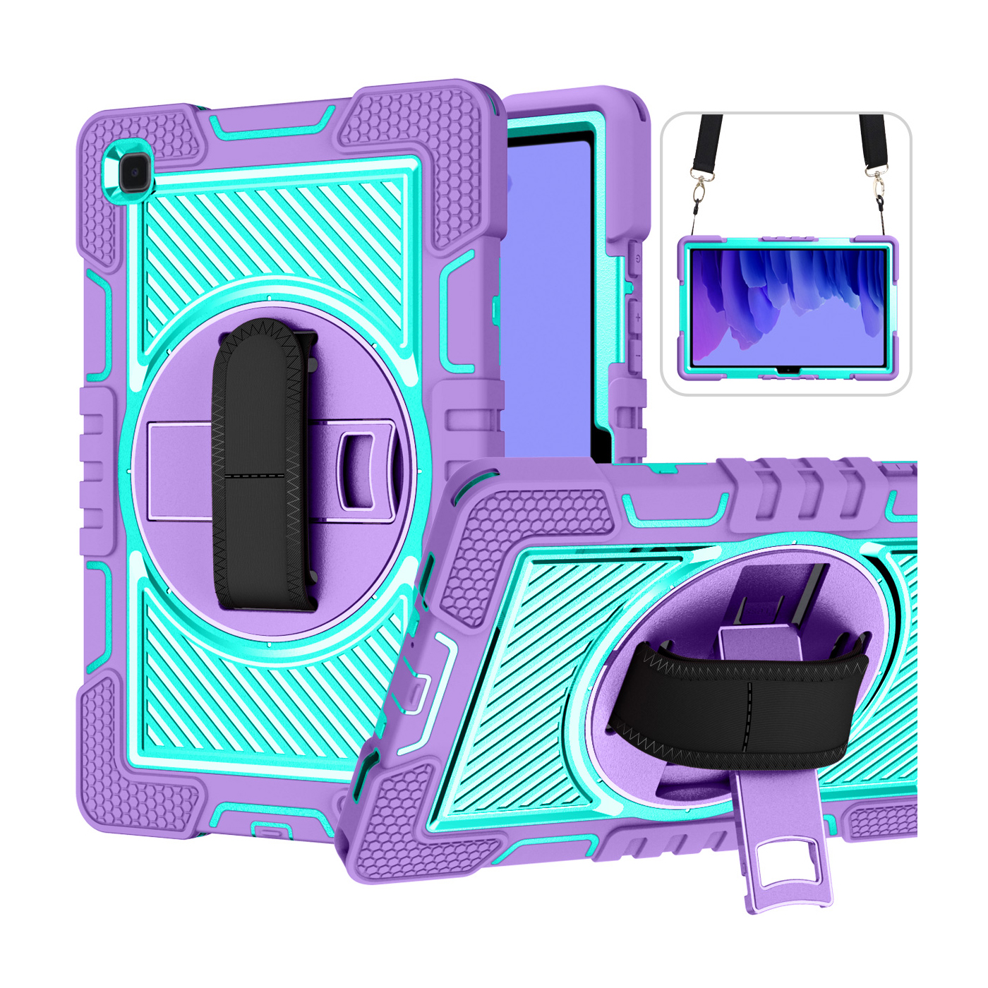 TOZIZO Purple Mint 360° Rotating Case for Samsung Tab A7 with Adjustable Hand Strap & Wide Shoulder Strap | Education B2B Supply