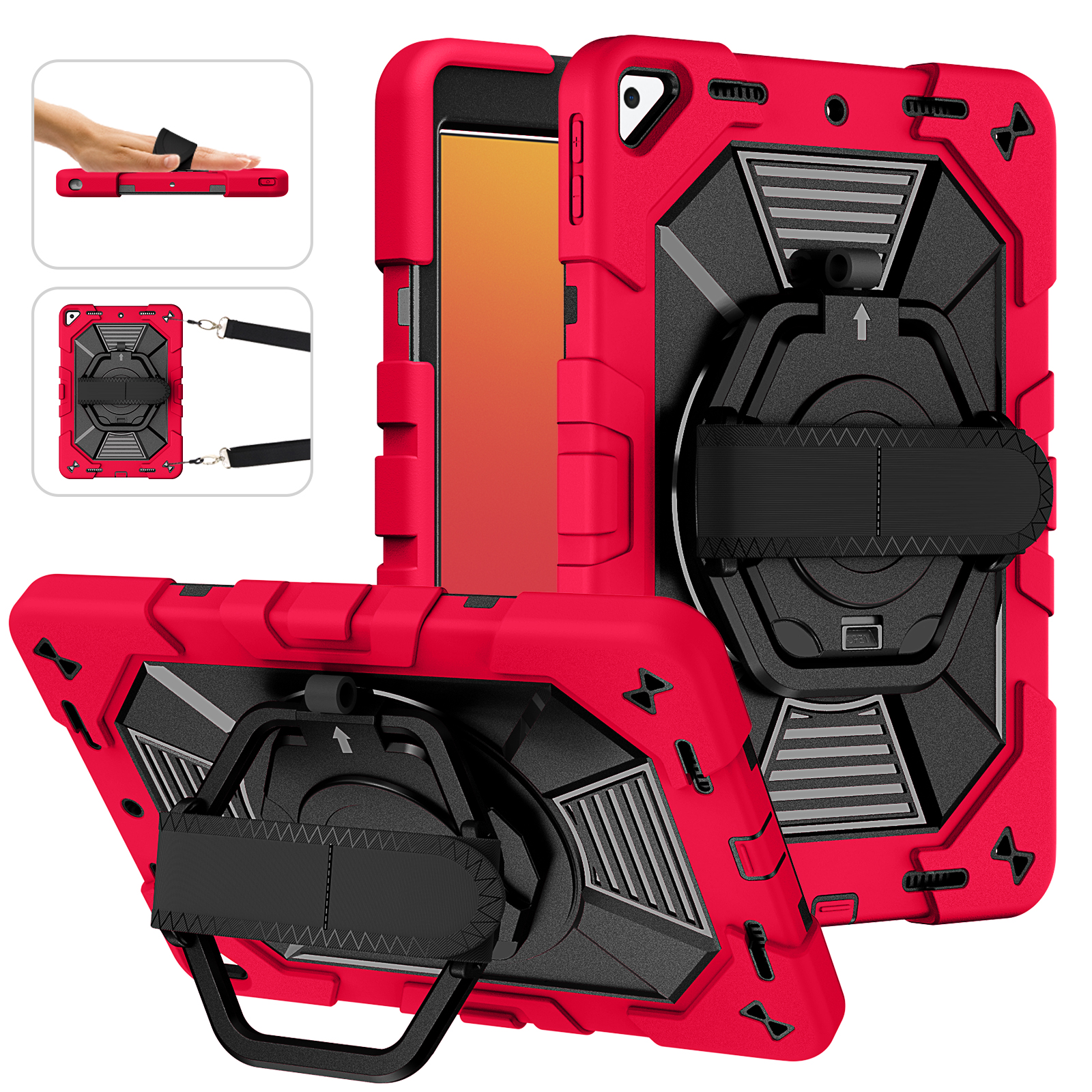 TOZIZO Red Rugged Protective Case for iPad 10.2 with Rotating Kickstand, Adjustable Hand Strap & Carry Strap