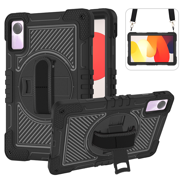 TOZIZO Black Heavy Duty Case for Redmi Pad SE 360° Rotating Stand Hand Strap Shoulder Strap