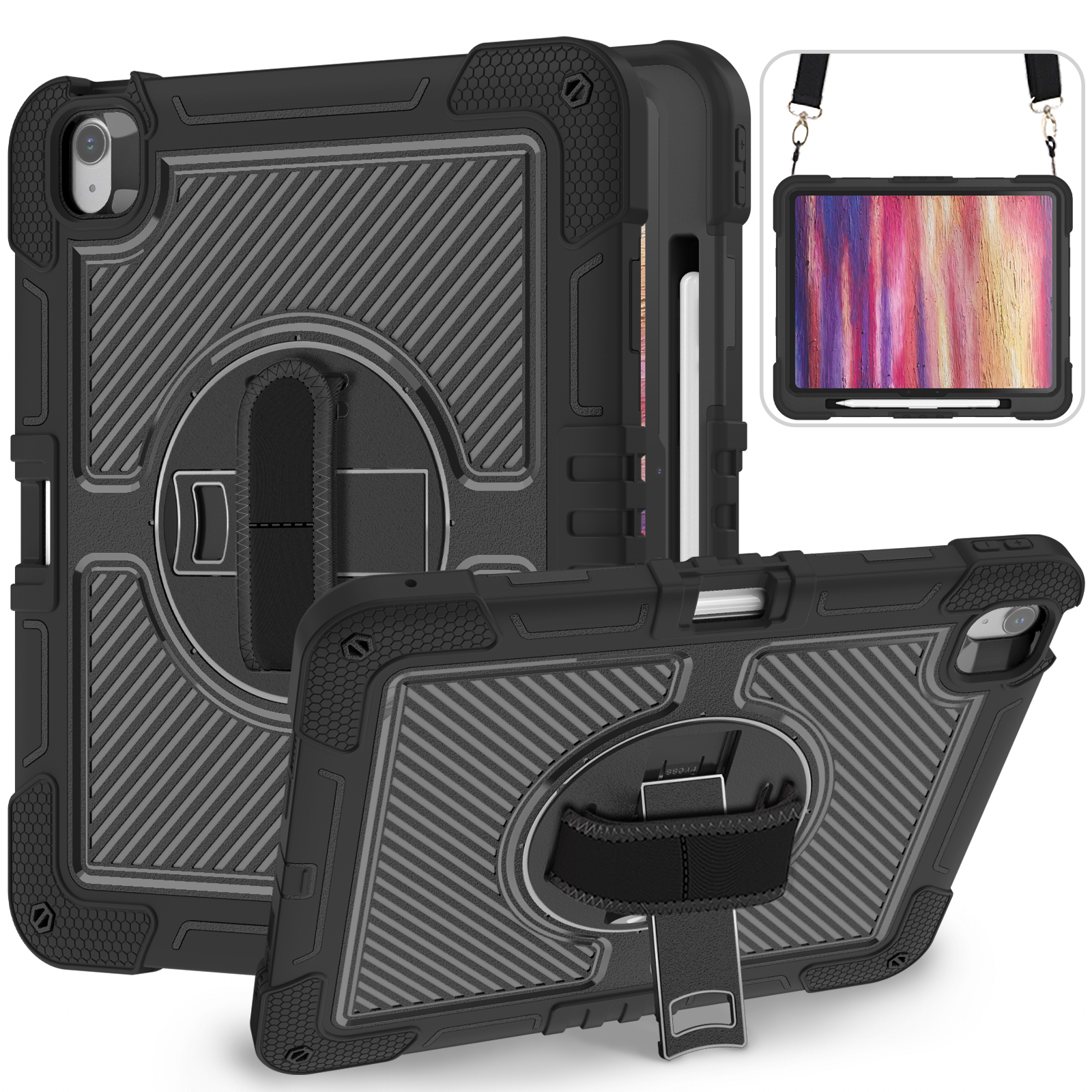 TOZIZO Black Heavy Duty 3-Layer Rugged Tablet Case for ipad Air13 with 360° Rotating Stand, Hand Strap & Shoulder Strap